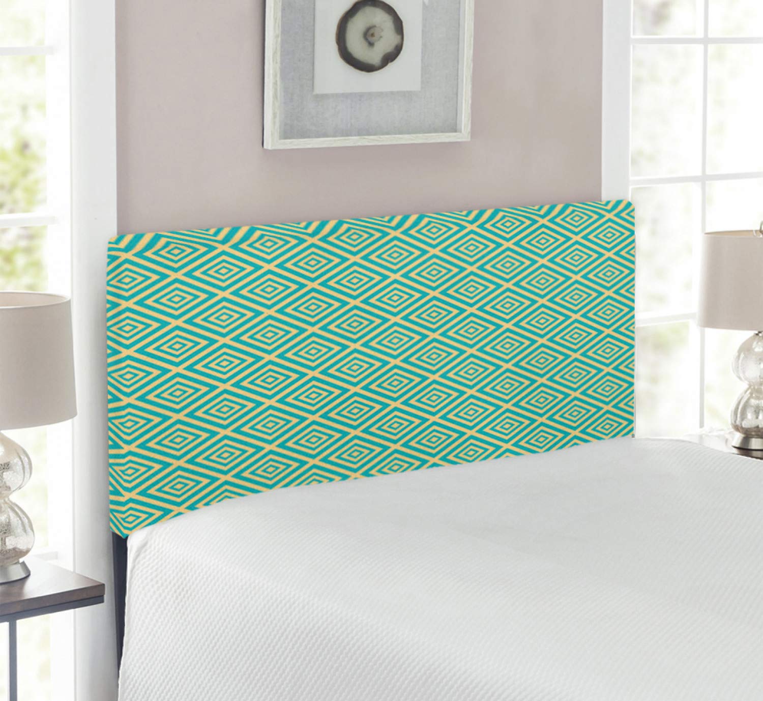 Ambesonne Geometric Upholstered Headboard - Twin Size Turquoise & Yellow, Nested Squares Contemporary Design with Memory Foam - Perfect for Modern Bedrooms & Guest Rooms