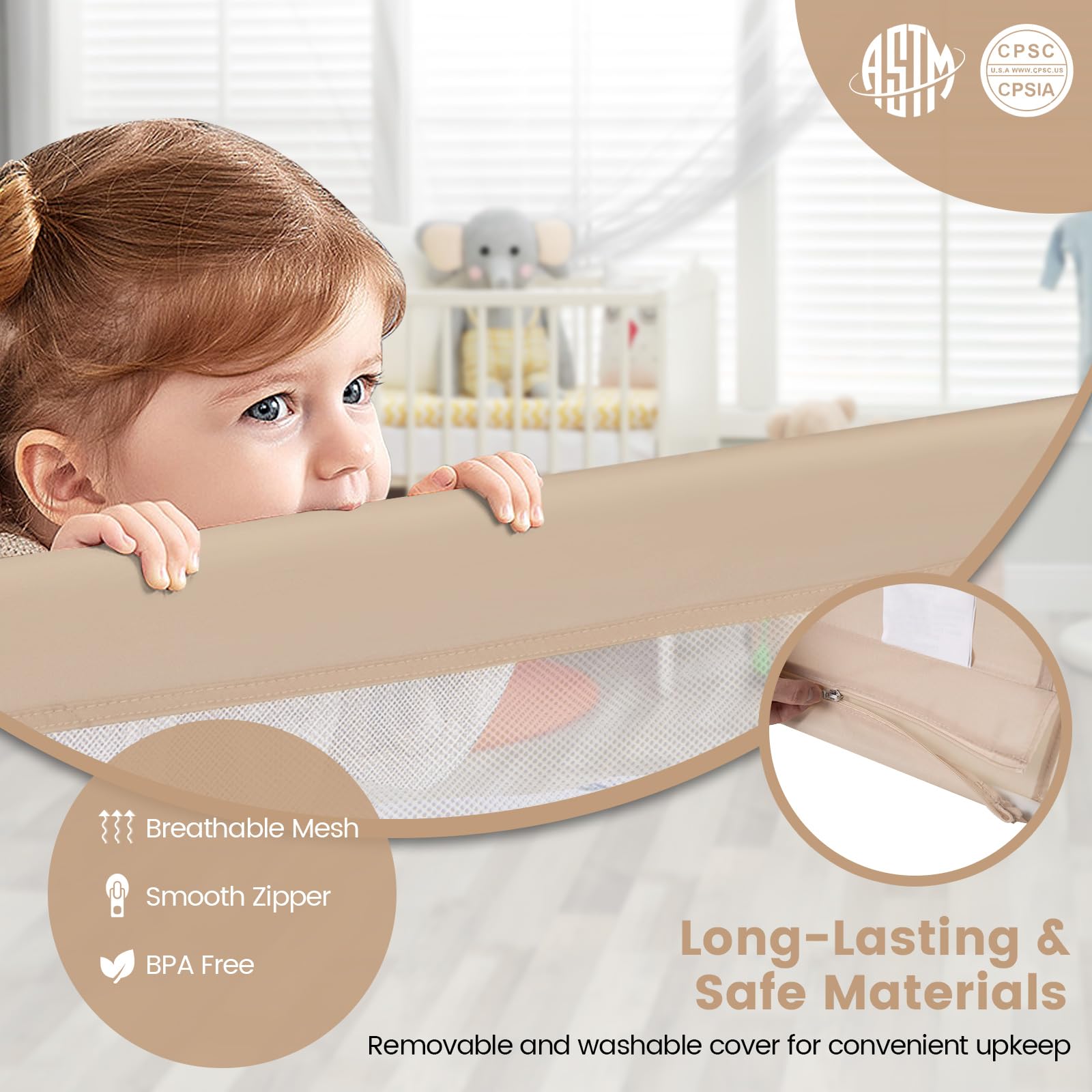 HONEY JOY Extra Long 71-inch Bed Rail for Toddlers - Portable Safety Bed Guardrail with Double Child Lock, Foldable Baby Bed Rail for King, Queen, Full & Twin Size Mattresses (Beige, 2-Pack) - Perfect for Travel, Home & Child Safety