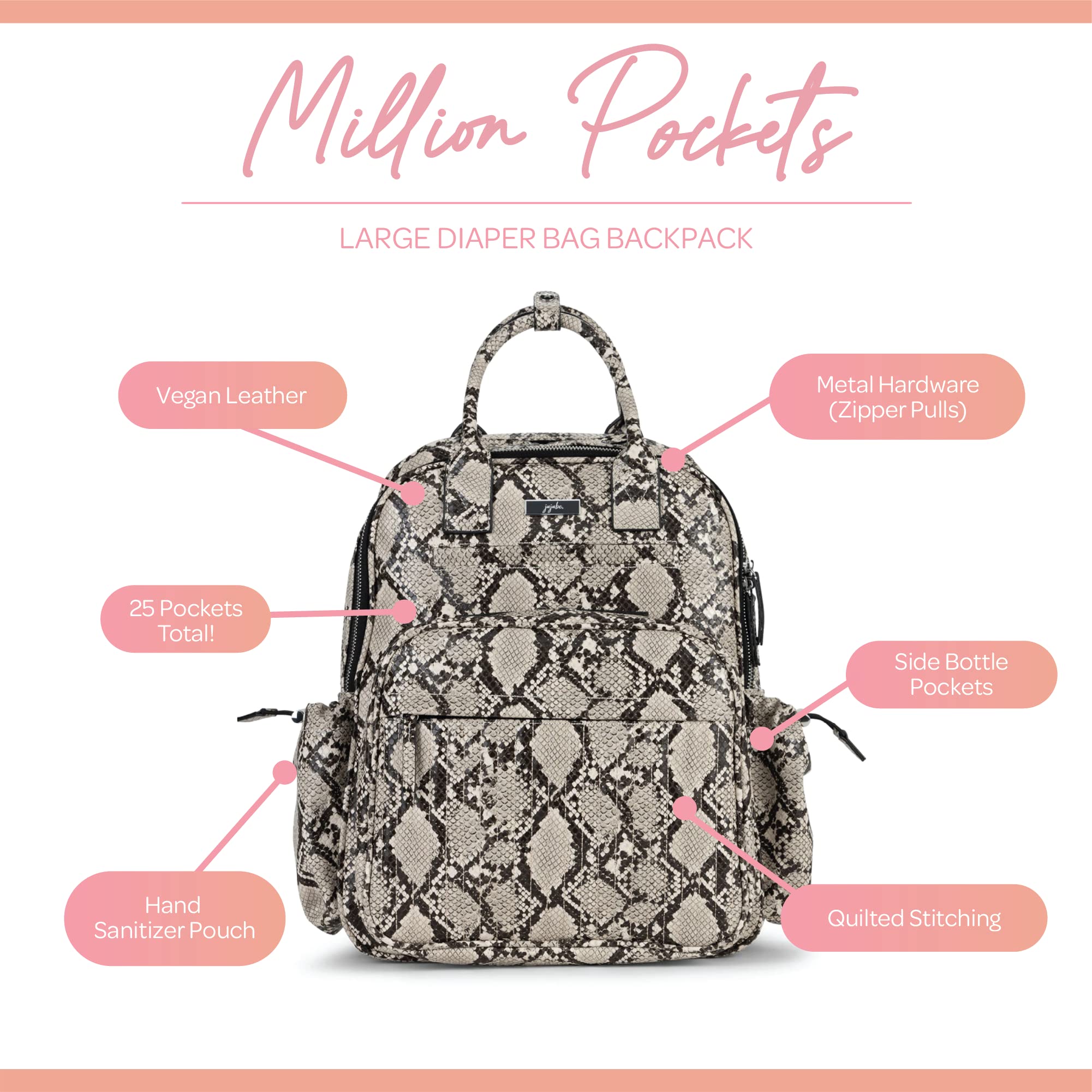 JuJuBe Vegan Leather Diaper Bag Backpack for Women - Large Travel Backpack with Multiple Pockets | Stylish & Functional Baby Bag for Moms on the Go | Perfect for Daycare, Travel & Everyday Use