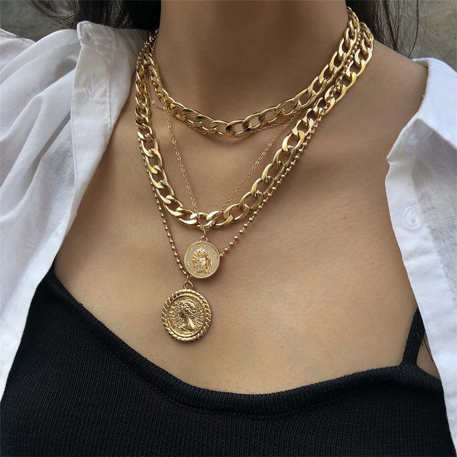 Sttiafay Punk Chunky Chain Necklace - Exaggerated Layered Cuban Link Necklace with Multilayer Carved Coin Pendant | Thick Gold Choker Jewelry for Women | Perfect for Punk Fashion, Gothic Style & Layered Necklace Looks