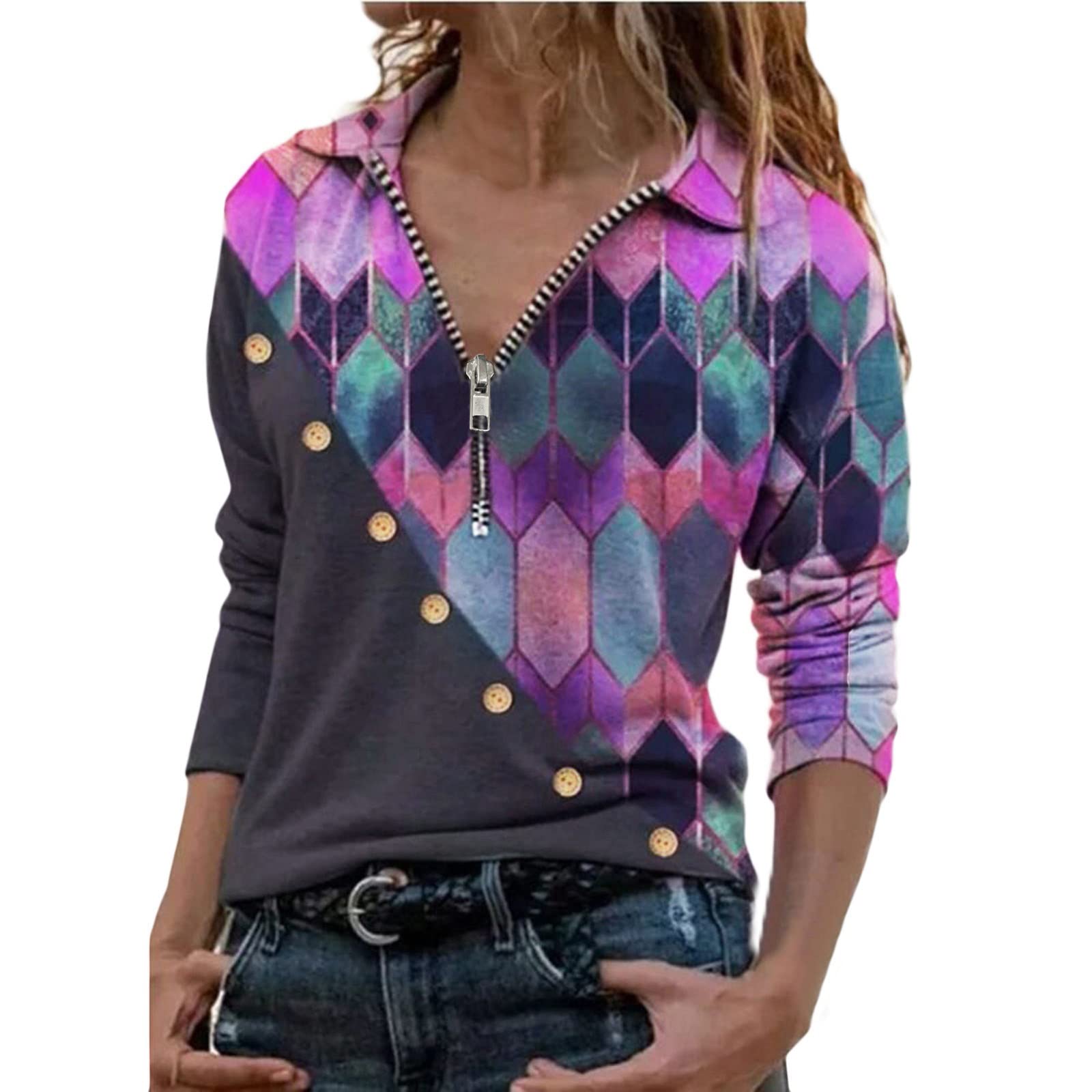 Stylish Plus Size Women's Printed Tux Button T-Shirt - Fashionable Turn-Down Collar Top for Holiday Parties & Casual Wear