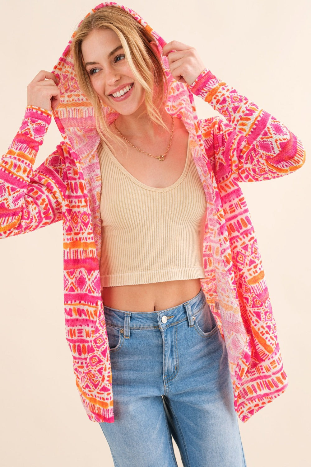 Full Size Printed Thermal Hooded Open Front Cardigan - Cozy Winter Wear for Women, Perfect for Layering, Lounging & Outdoor Activities
