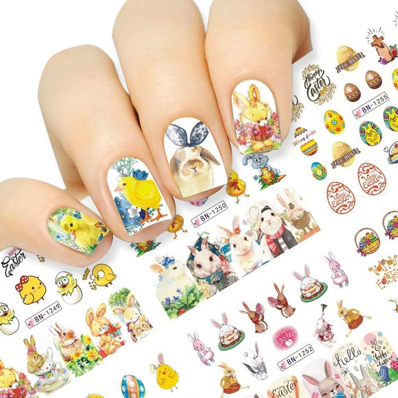 FAMEZA 12 Designs Easter Nail Art Stickers - Bunny, Eggs & Cartoon Rabbit Water Transfer Nail Decals for Women | Spring Nail Decorations for Easter Parties, Nail Salon & DIY Manicures