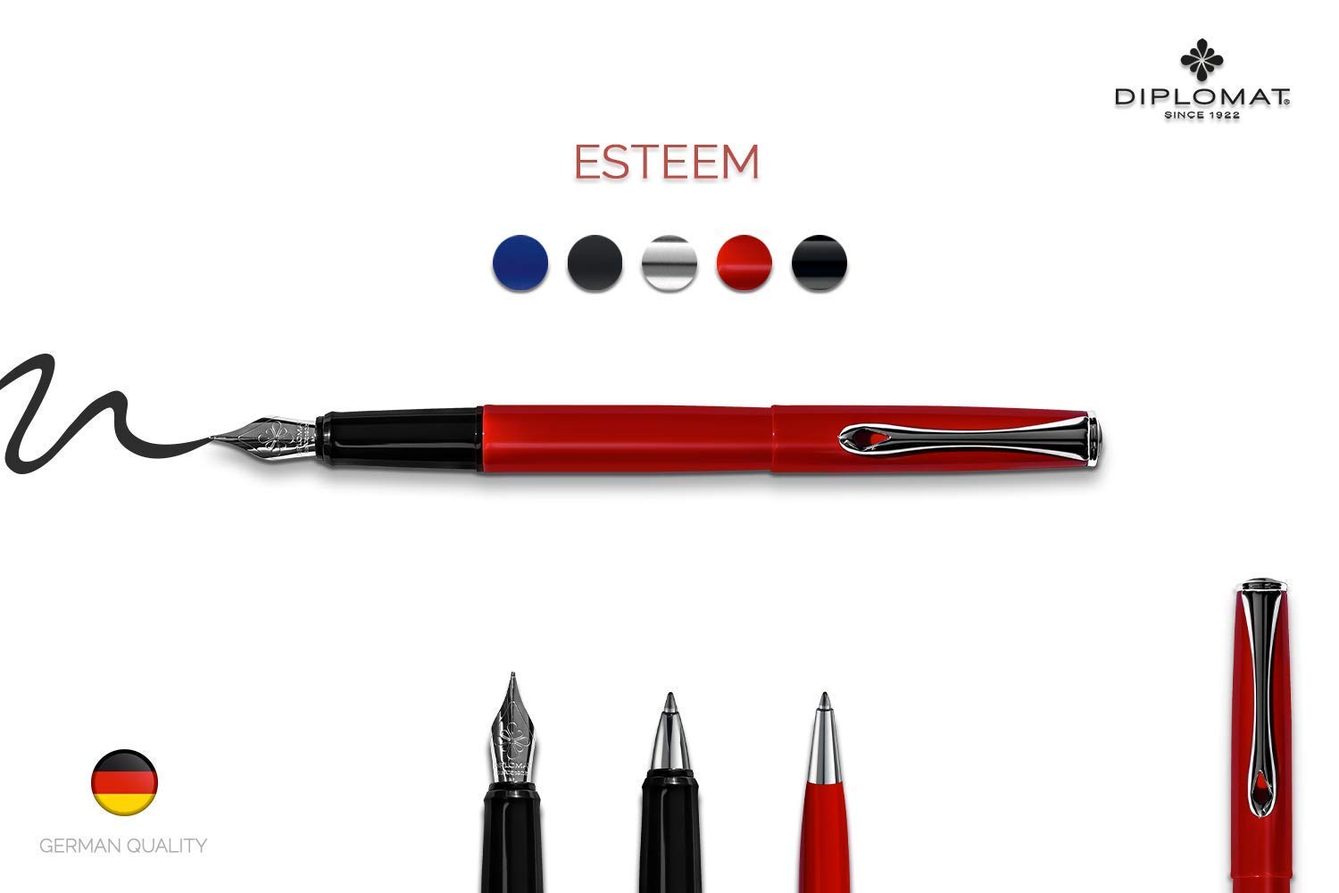 Premium Dilomat Esteem Red Lacquer Ballpoint Pen - Elegant Red Writing Instrument for Business Professionals & Gift Giving - Perfect for Office Use, Signing Documents & Special Occasions