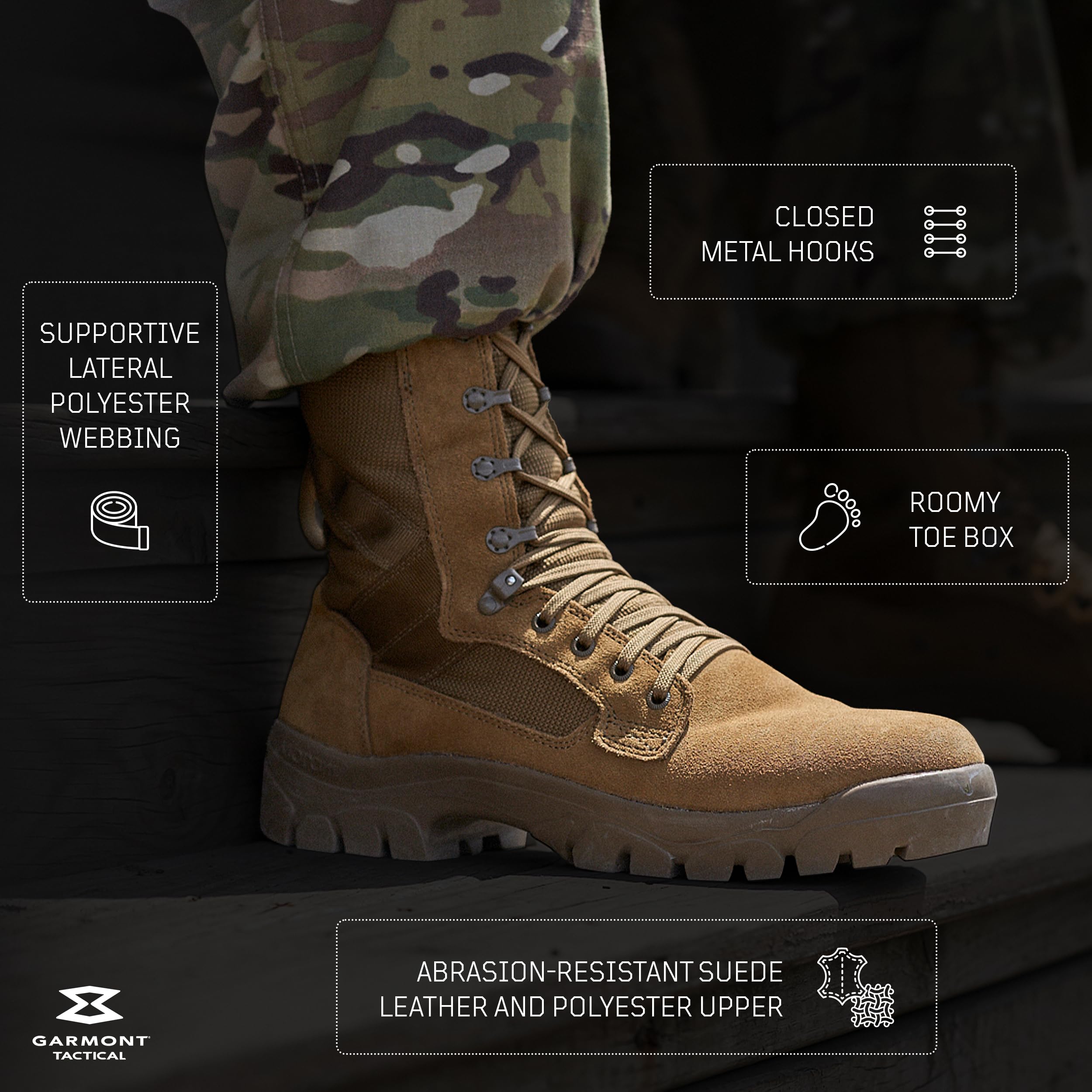 GARMONT T8 Bifida Tactical Military Boots for Men & Women - AR670-1 Compliant Combat Shoes, Suede Leather, Multi-Terrain, Coyote Brown, Size 9.5 Wide - Perfect for Army, Air Force, Hiking & Outdoor Adventures