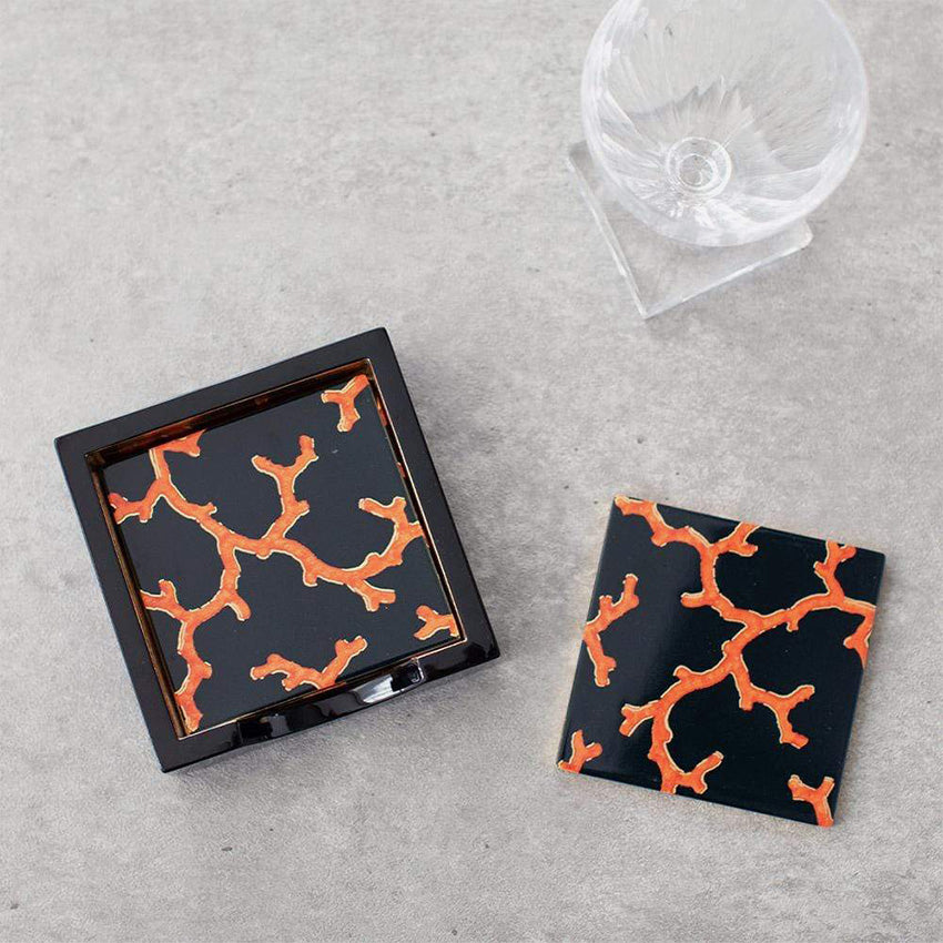 Caspari Set of 4 Coral Sea Black Lacquer Coasters - Elegant Drink Coasters for Home Bar, Dining Table & Office Decor
