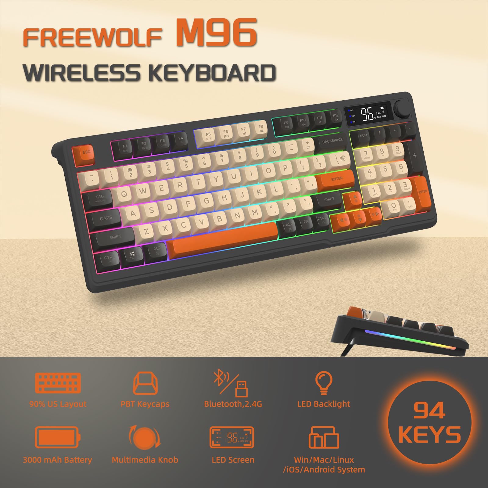 Freewolf M96 Wireless Gaming Keyboard - RGB Backlit, Knob Control, Bluetooth/2.4G for Win/Mac | Perfect for Esports & Office Work