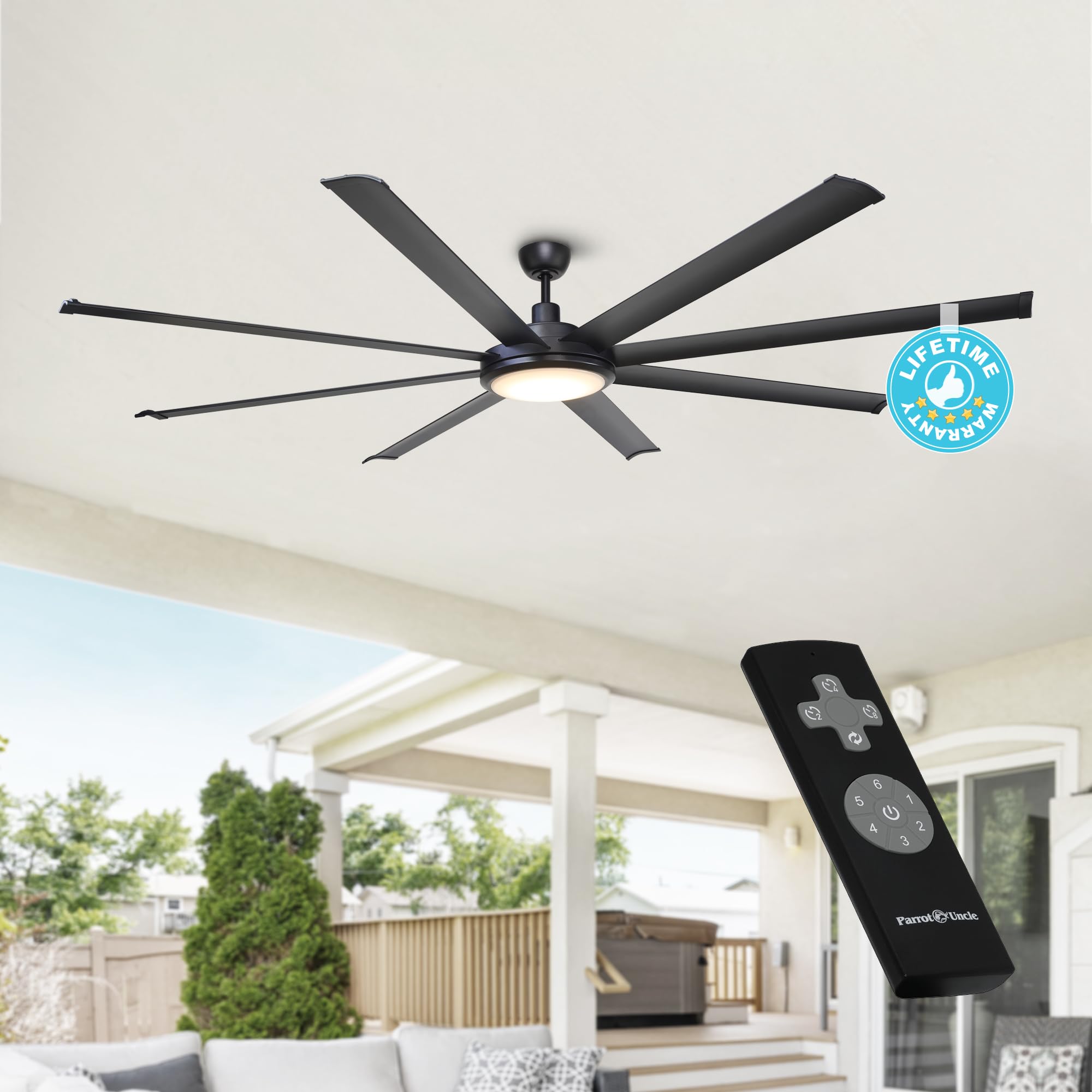 75 Inch Black Ceiling Fan with LED Light and Remote Control - High CFM DC Motor, 8 Reversible Blades, Timer Function - Flush Mount Indoor/Outdoor Ceiling Fan for Bedroom, Living Room, Patio - ETL Certified (Perfect for Cooling Large Spaces with Stylish Lighting)