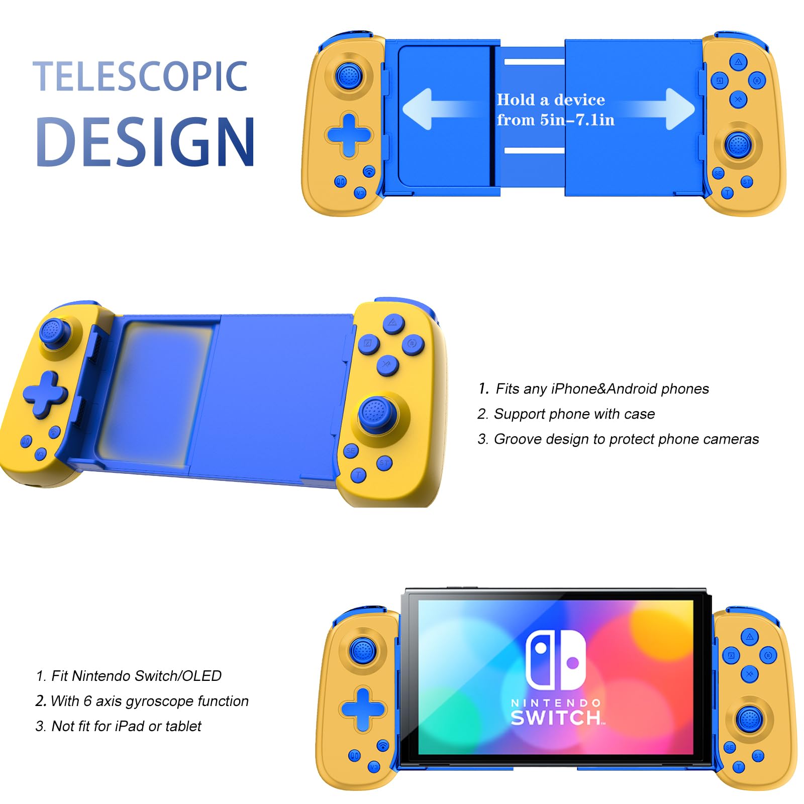 Wireless Gamepad for iPhone Android PC - Turbo Gyro Dual Motors - Gaming & Streaming on PS5 Xbox Switch - Yellow