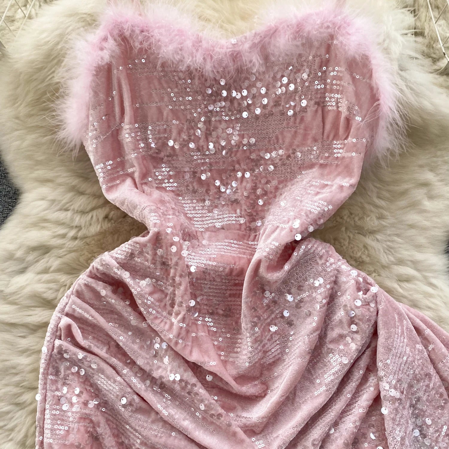 Sexy Beige Sequins Furry Slip Dress for Women - Off Shoulder Backless Mini Dress for Club, Party & Birthday - Fashion Slim Fit Autumn Dress (Also Available in Black & Pink) - Perfect for Night Out, Date Night and Special Occasions