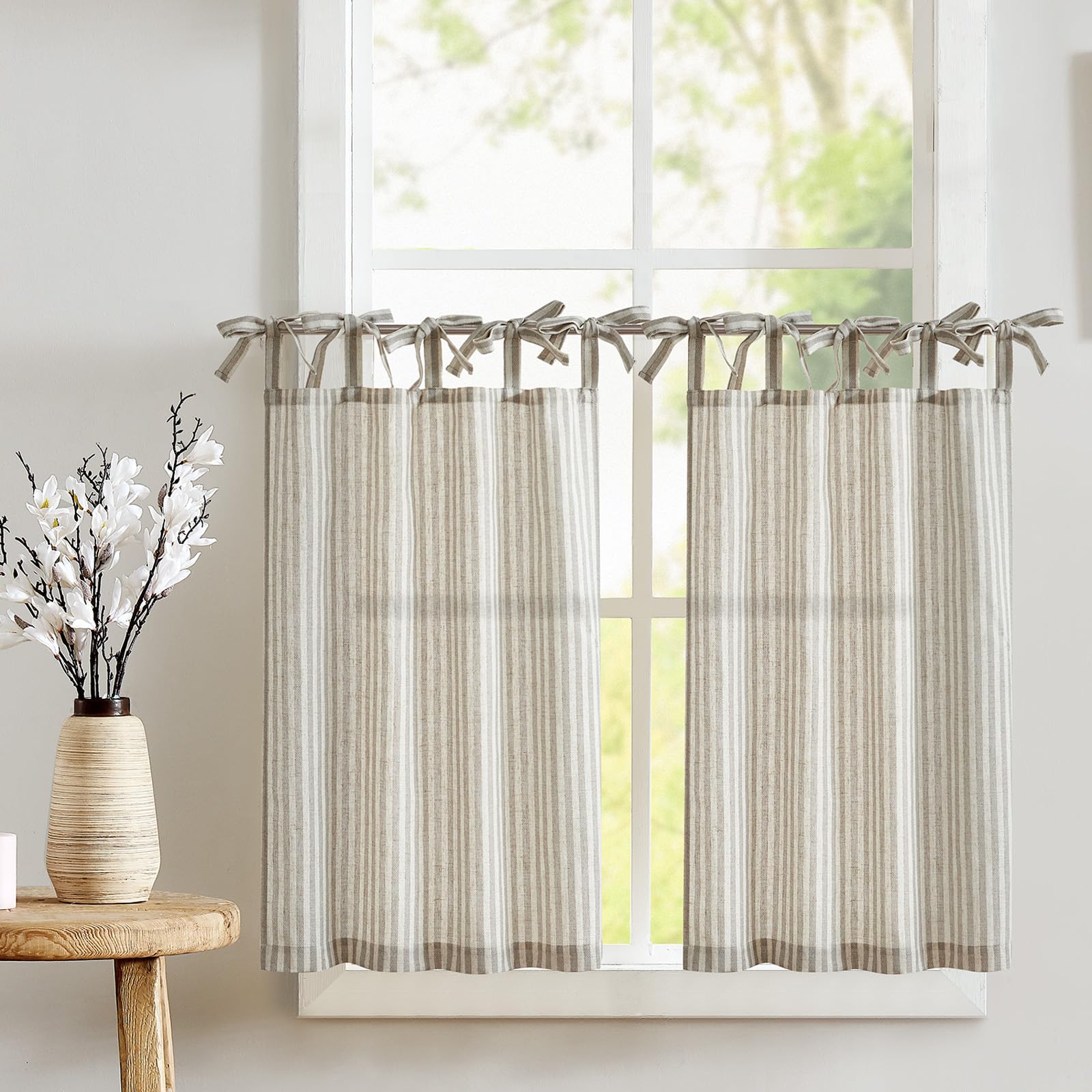 Jinchan 36 Inch Linen Kitchen Curtains - Striped Tier Window Drapes with Rod Pocket, Ticking Stripe Design for Farmhouse & Rustic Decor (Set of 2 Panels, Taupe) - Perfect for Living Room, Bathroom, Cafe & Small Windows