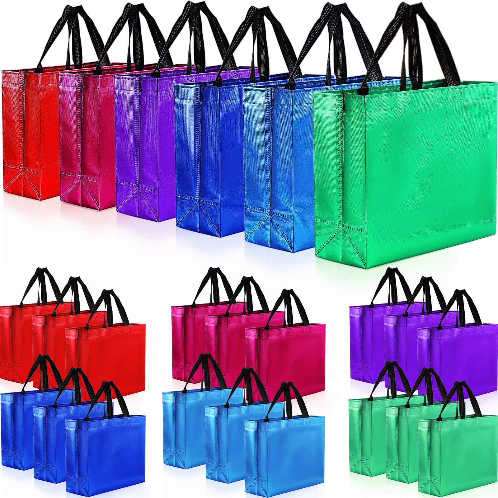 Woanger 24 Pack Reusable Nonwoven Gift Bags - Assorted Colors, Glossy Finish with Handles - 13x5x11 Inch Party Favor Bags for Birthdays, Weddings, Baby Showers & Holiday Gifting - Perfect for Candy, Treats & Small Gifts