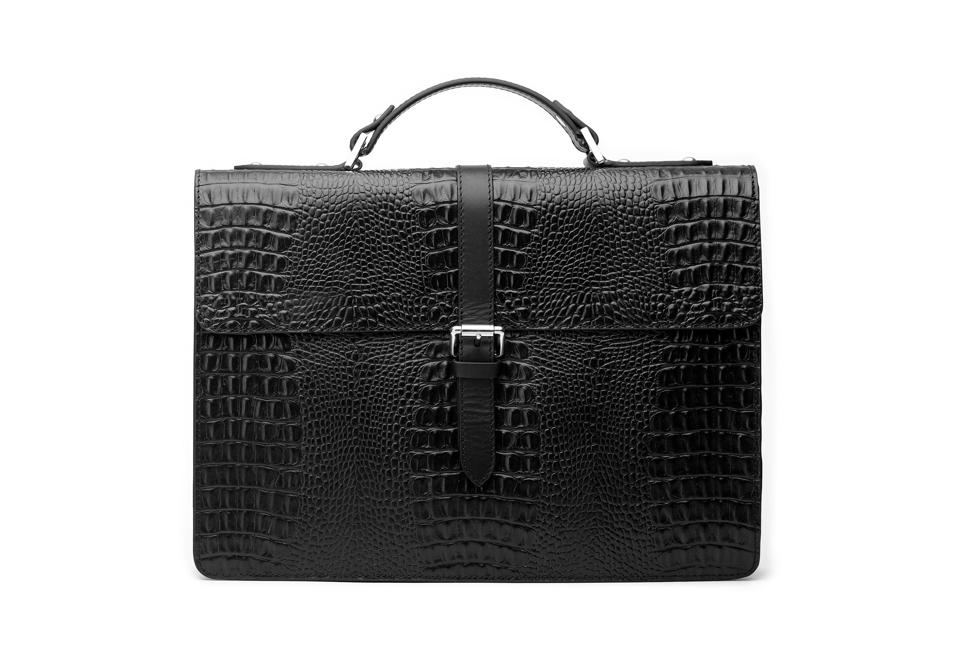 Premium Genuine Leather Laptop Briefcase - Black Crocodile Embossed Business Bag for Men & Women | Perfect for Office, Travel & Professional Meetings