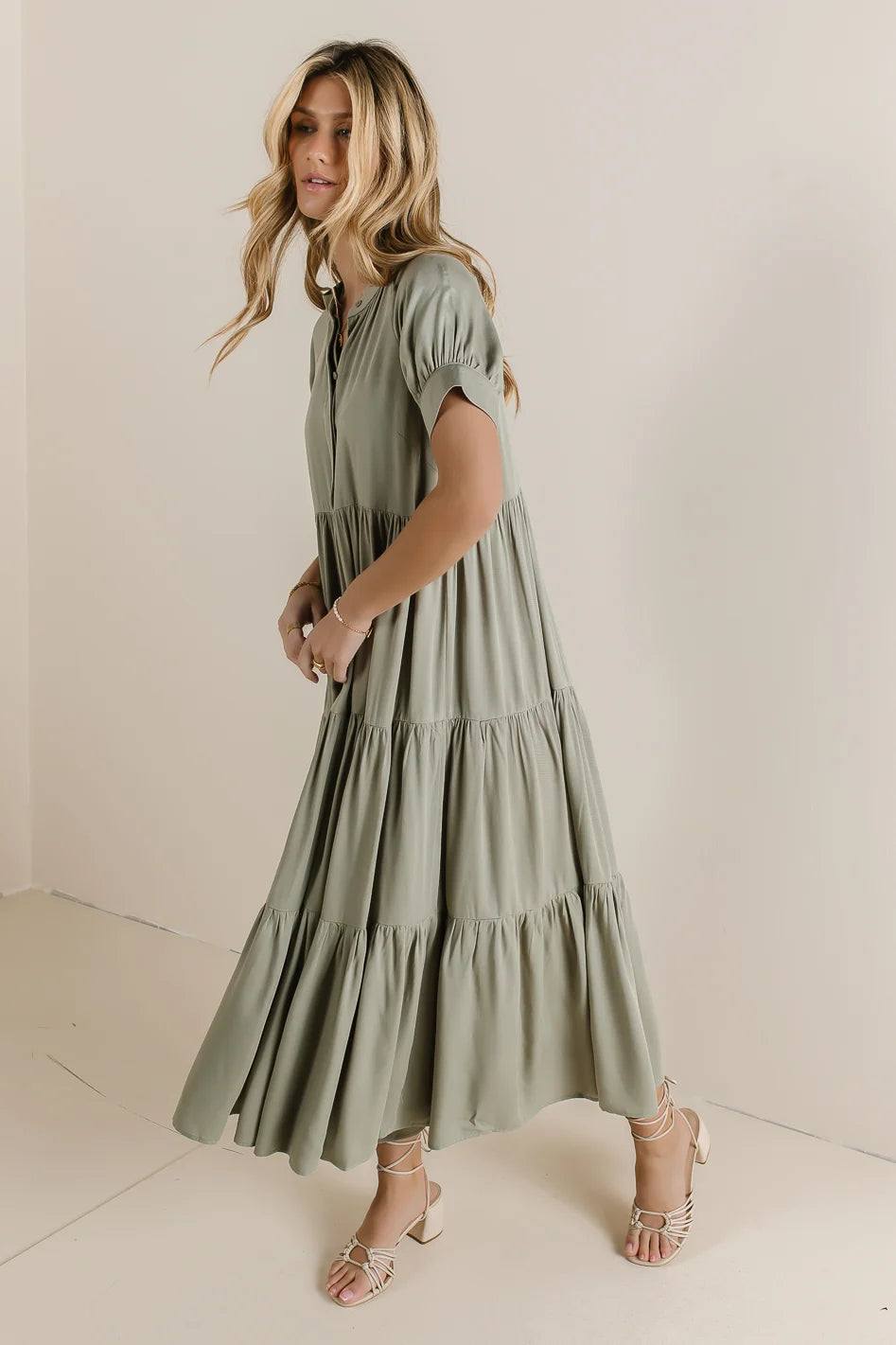 Amanda Tiered Flowy Dress for Women in Sage Green - Elegant Boho Maxi Dress for Summer, Beach, Weddings & Special Occasions