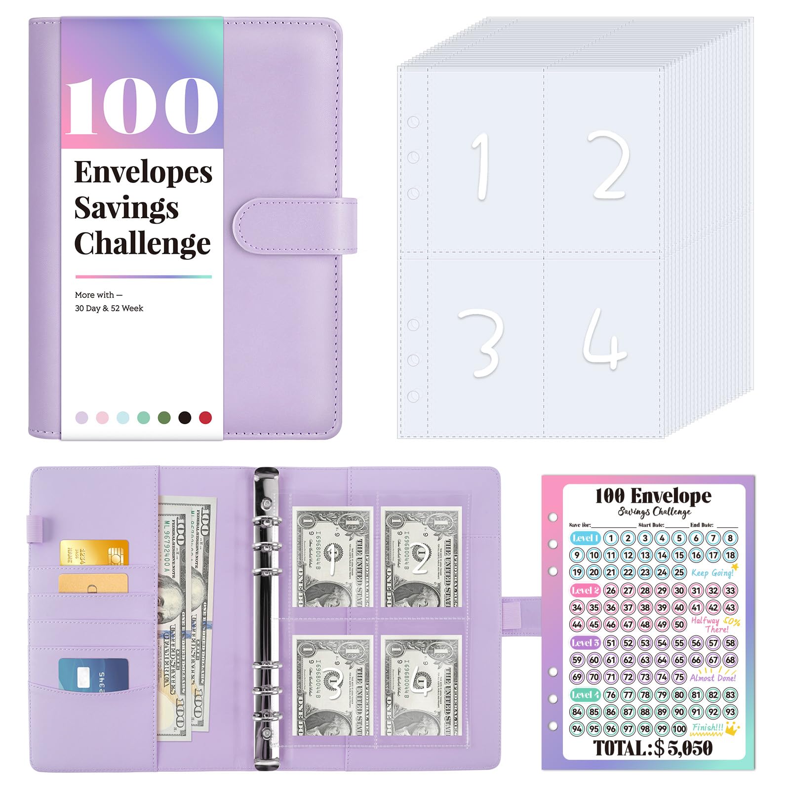 Sooez 100 Envelopes Money Saving Challenge Kit - $5050 Savings Tracker with Pre-Numbered Purple Binder & Motivational Guide | Budgeting Tool for Cash Envelope System, Emergency Fund, or Vacation Savings