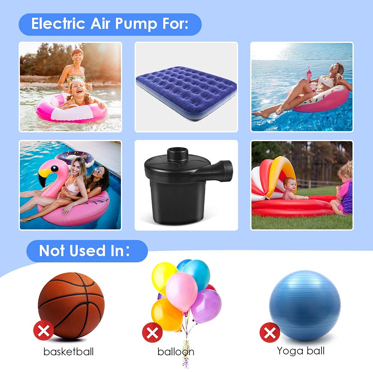 High Power Electric Air Pump - Quick Fill & Deflate for Air Mattress, Inflatable Pool Floats, Swimming Rings, Cushions - 3 Nozzles Included - 110-220V - Black - Perfect for Camping, Travel & Home Use