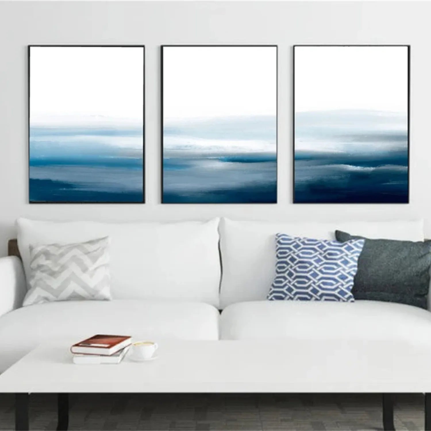 Ocean and Sky Wall Art Set of 3 - Coastal Beach Decor Paintings for Living Room, Bedroom & Office - Modern Seascape Canvas Prints (OS 213)