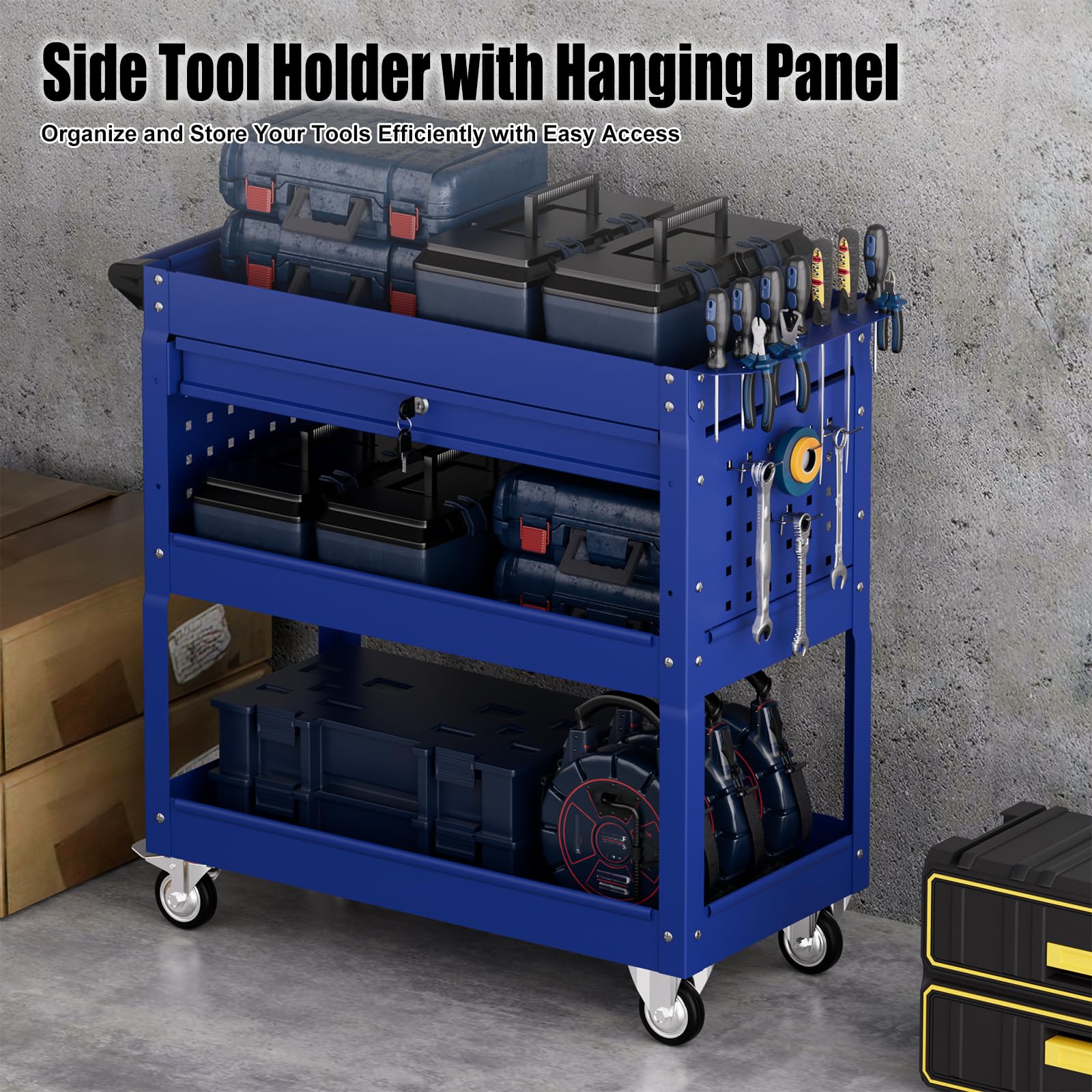 3-Tier Heavy-Duty Rolling Tool Cart with Locking Drawers - Mobile Utility Service Cart for Garage, Workshop & Warehouse Organization - Perfect for Mechanics, Contractors & DIY Home Repairs