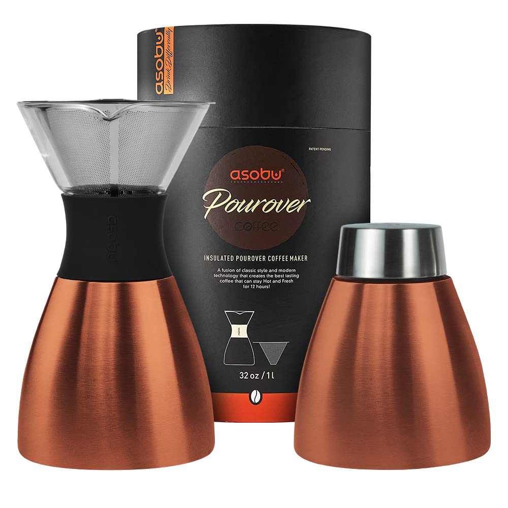 Premium Asobu Insulated Pour Over Coffee Maker - 32 oz Double Wall Vacuum Stainless Steel Filter, Portable Travel Carafe (Copper) | Perfect for Home Brewing, Office Use & Camping Trips
