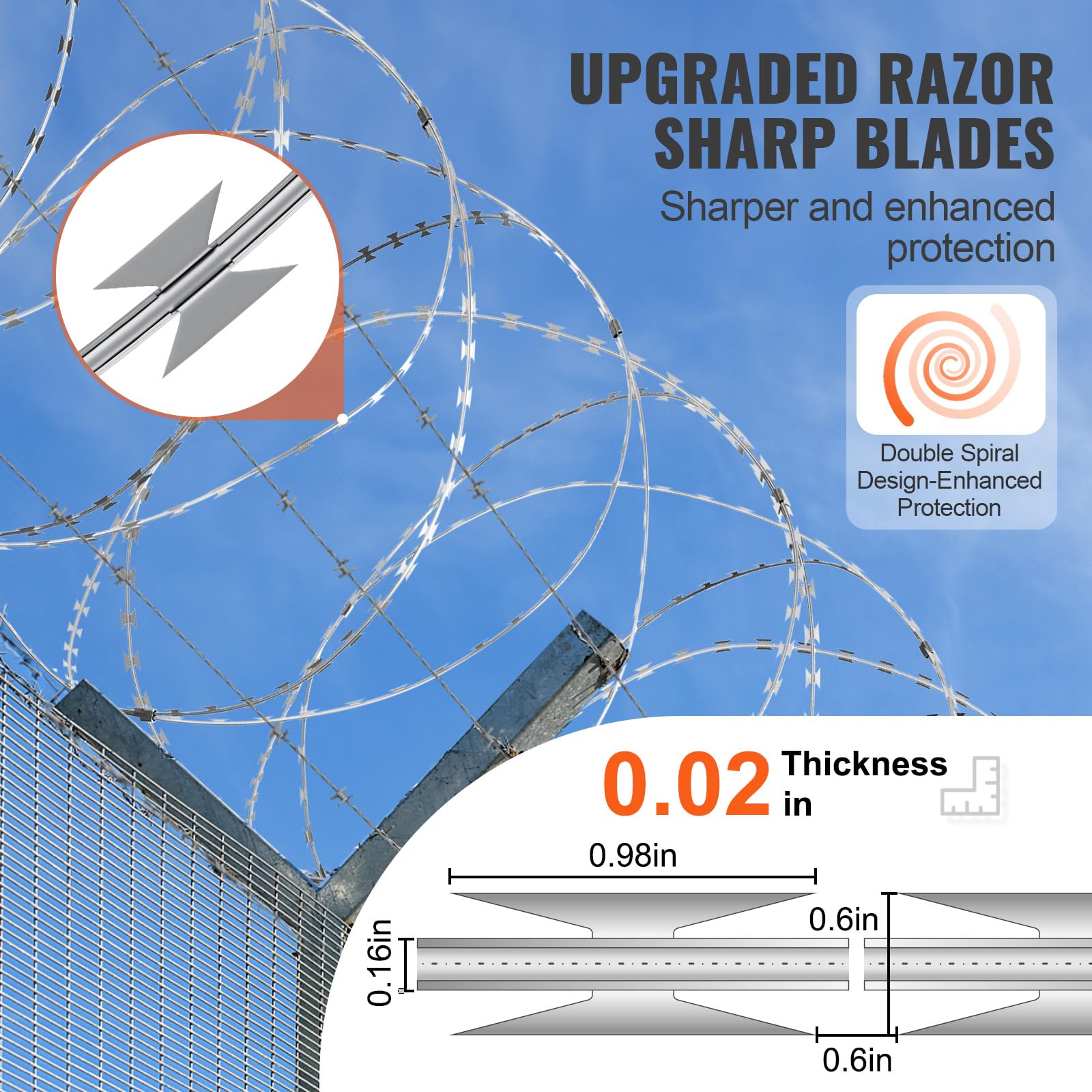 VEVOR 147 ft Galvanized Razor Barbed Wire - 3 Rolls Double Spiral Razor Ribbon Fencing for Security, Garden Protection & Perimeter Defense | Heavy Duty Galvanized Steel Wire for Home, Farm & Commercial Use