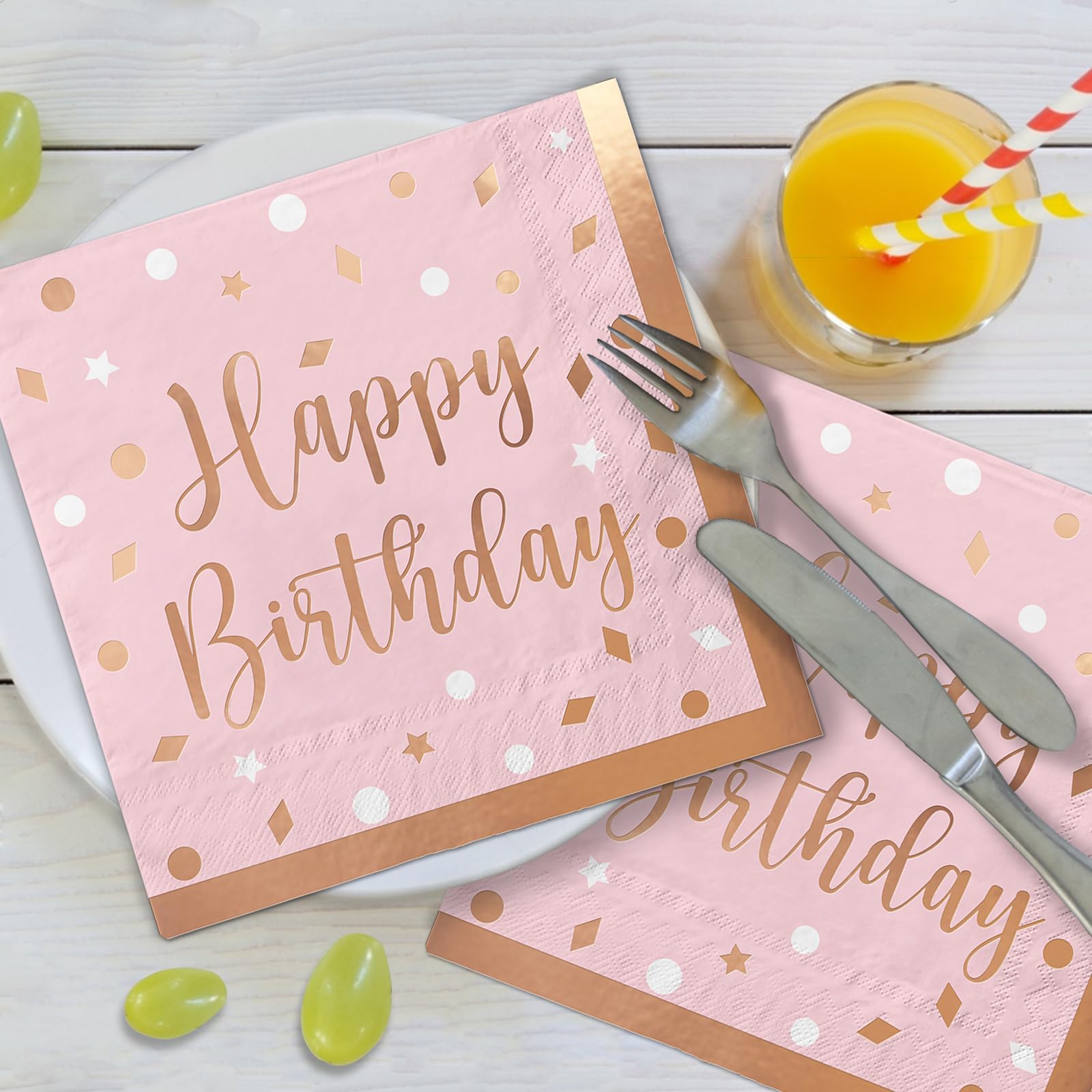 Gatherfun Rose Gold Birthday Party Supplies Set - 16-Pack Disposable Paper Plates, Napkins & Cups for Women's Celebration - Elegant Tableware for Bridal Showers, Baby Showers & Birthday Parties
