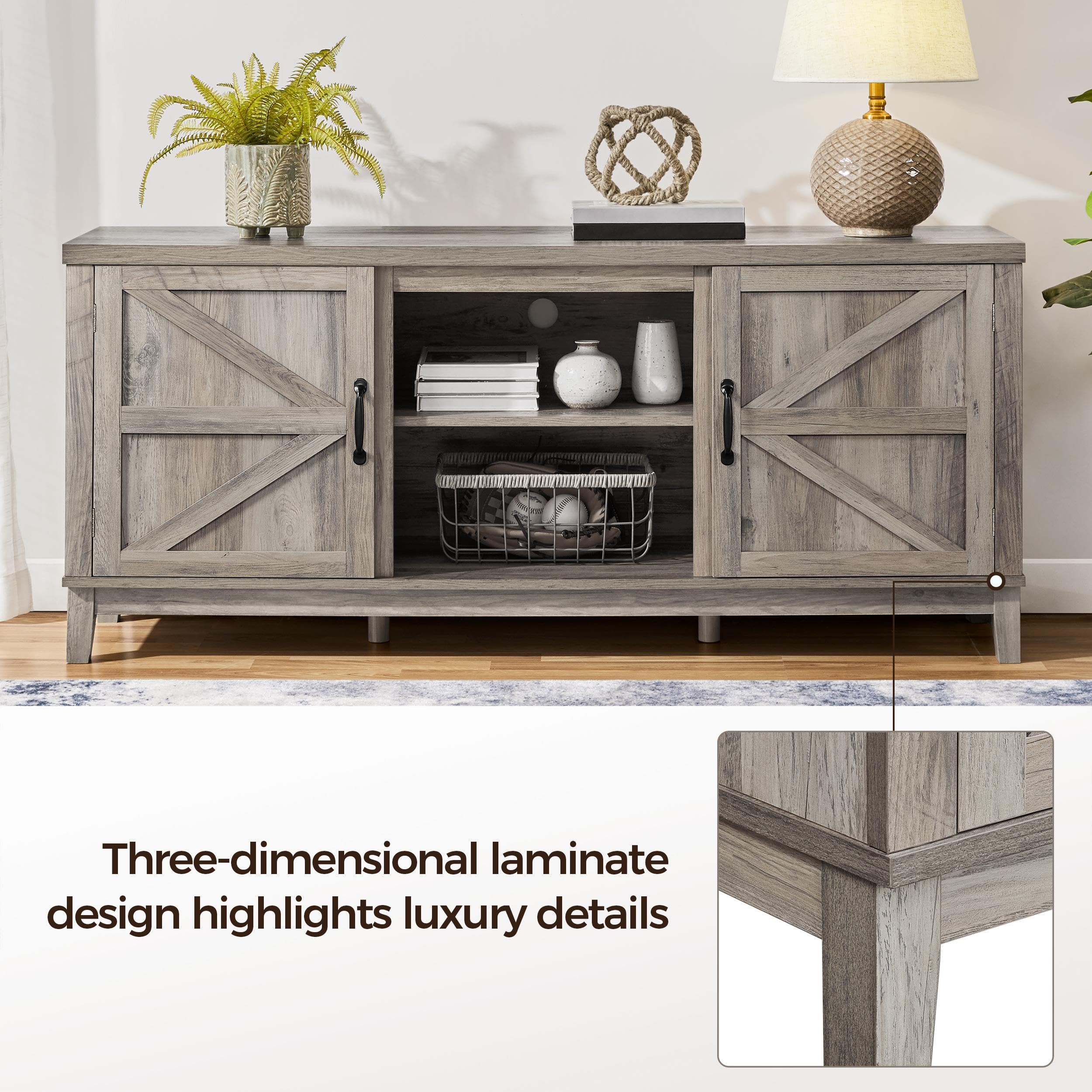 Yaheetech 65 Inch TV Stand - Farmhouse Style Entertainment Center with Double Barn Doors, Gray - Perfect for Living Room & Bedroom - Sturdy TV Console Table for Flat Screen TVs