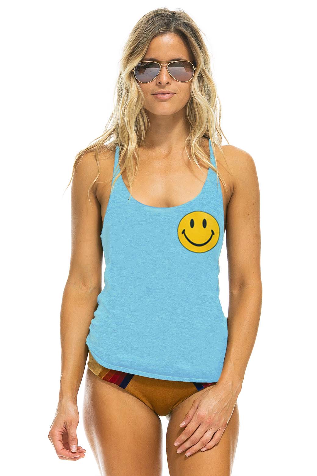 Aviator Nation Women's Smiley 2 Tank Top - Sky Blue | Soft & Comfortable Casual Wear for Summer, Beach, Yoga & Outdoor Activities