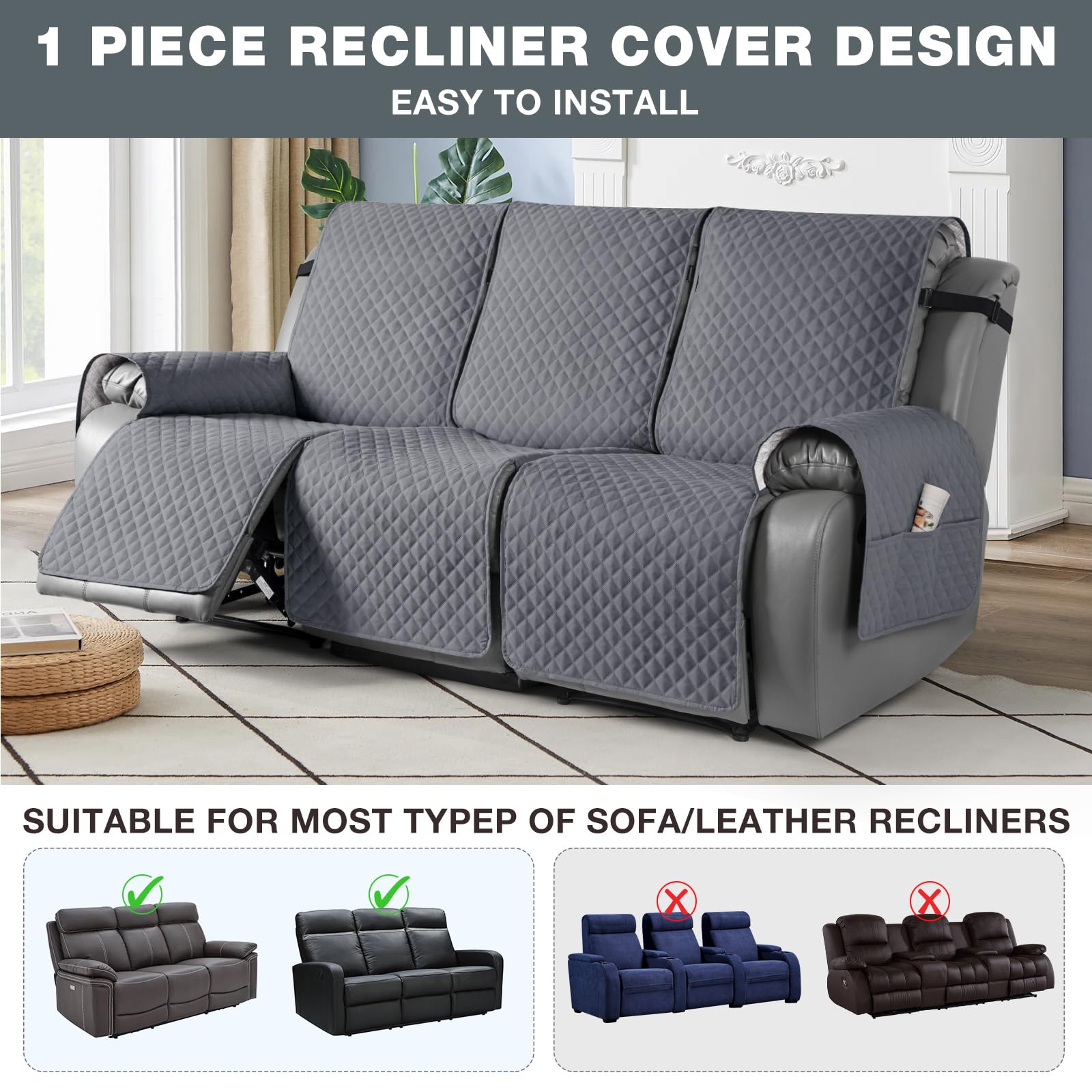 TAOCOCO Anti-Slip Recliner Sofa Cover - 3 Seater Washable Furniture Protector for Leather Couches with Elastic Straps | Pet-Friendly Sofa Cover in Dark Grey | Perfect for Living Room, Home Theater & Family Gatherings