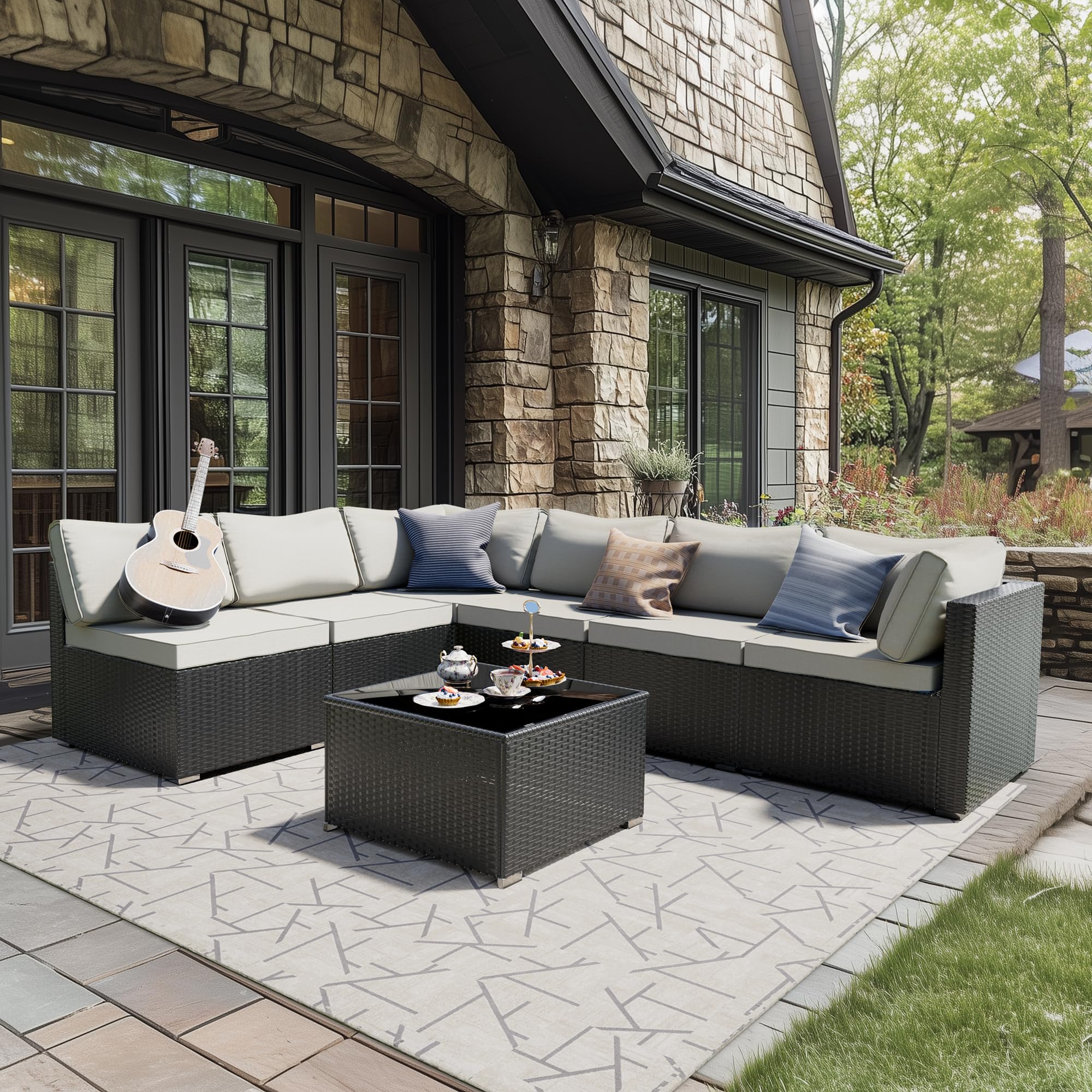 7-Piece Skyfish Patio Furniture Set - Outdoor Wicker Rattan Sectional Sofa with Cushions & Glass Table, Modular Conversation Set for Porch, Poolside, Backyard, Garden or Deck (Weather-Resistant)