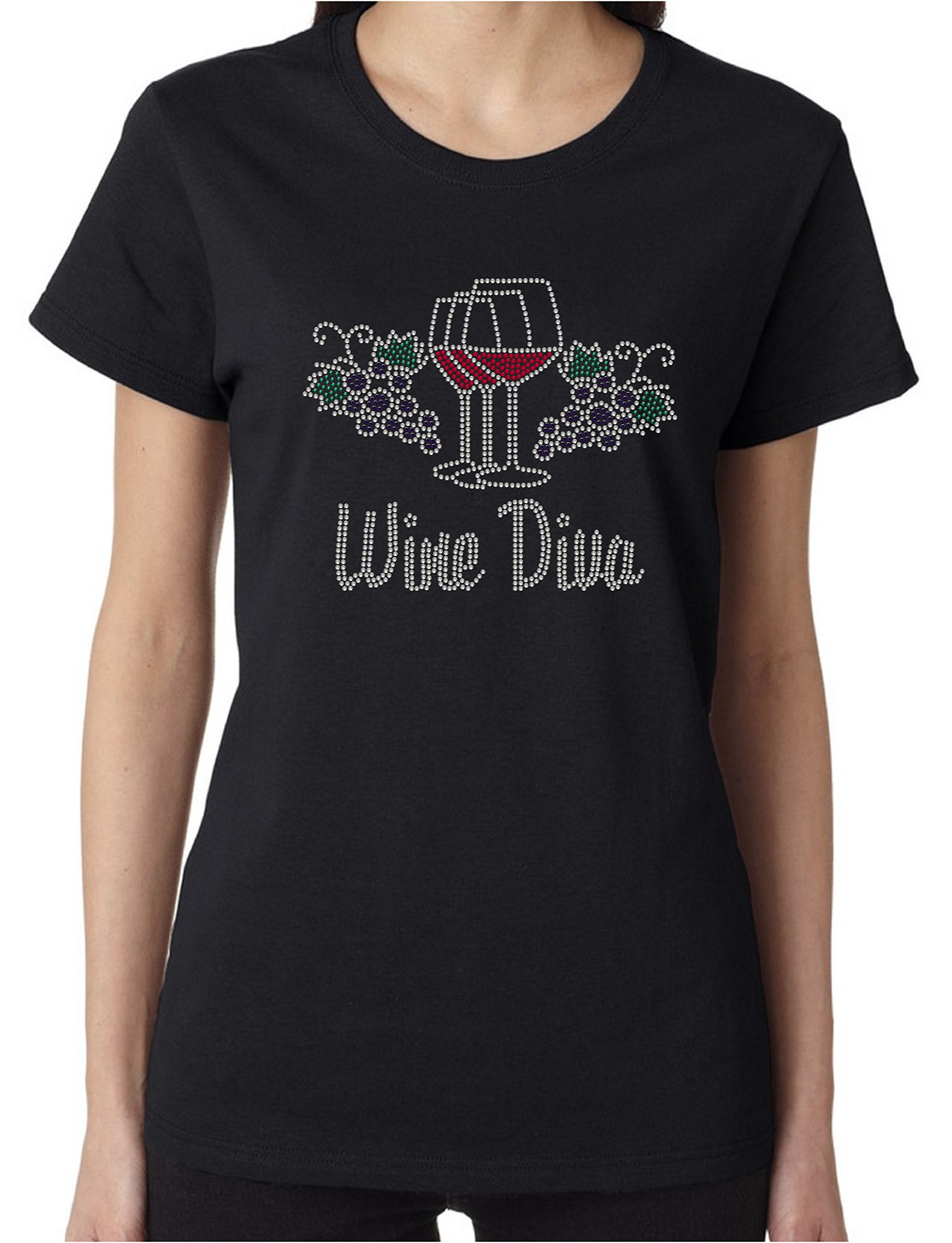 Funny Wine Diva Rhinestone T-Shirt for Women - Sparkling Short Sleeve Top for Wine Lovers & Parties