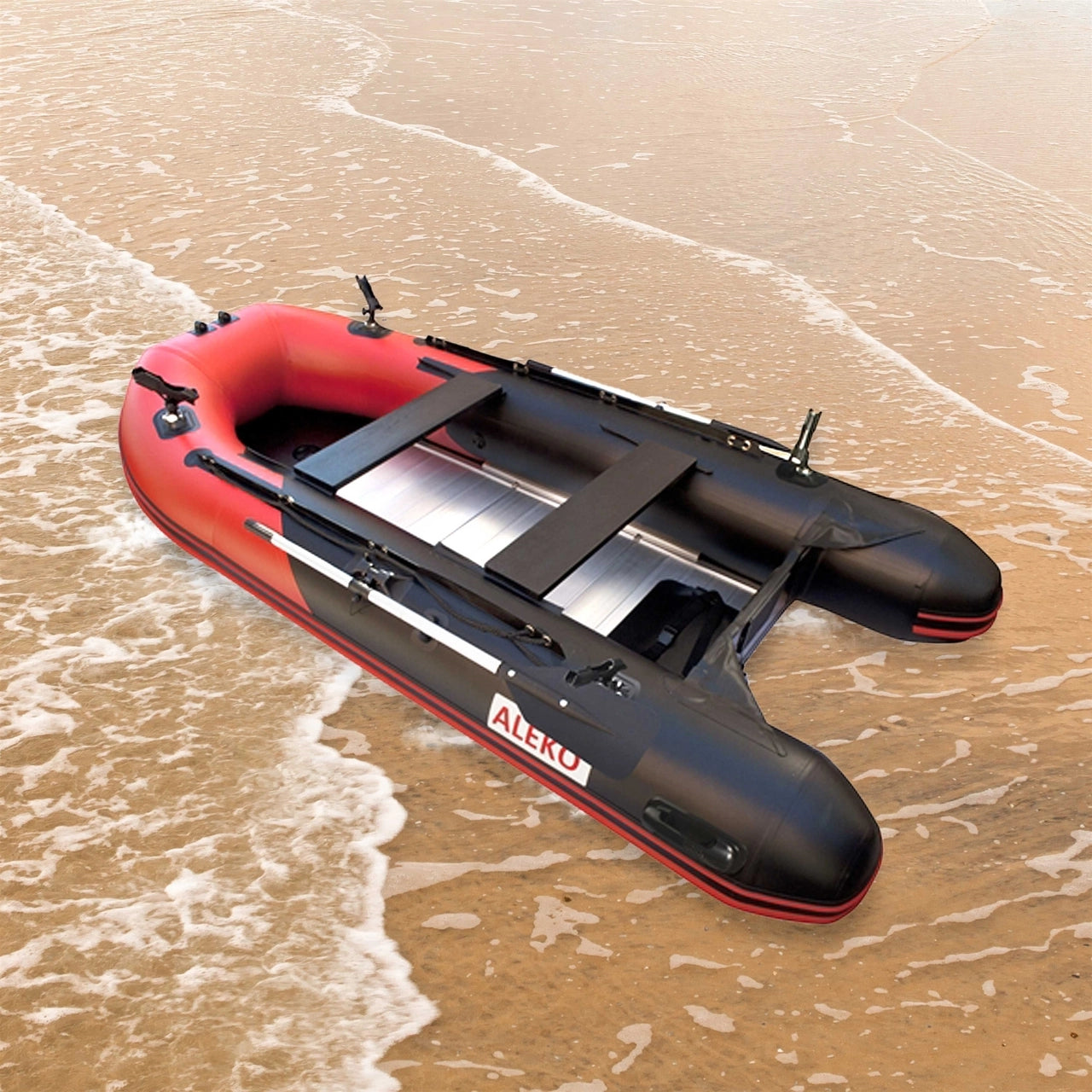 Aleko PRO 12.5 ft Inflatable Fishing Boat with Aluminum Floor & Front Board Holders - Red & Black - Perfect for Lake Fishing, River Adventures & Offshore Angling