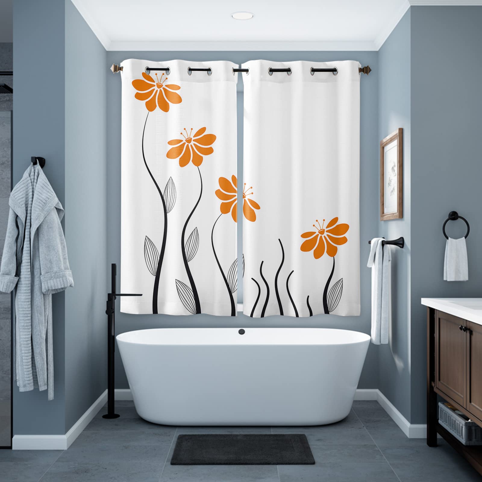 Orange Aqua Floral Window Curtains 90 Inches Length - 2 Panels Grommet Kitchen & Cafe Curtains for Bedroom, Living Room - Modern Striped Leaves & Geometric Print Drapes for Home Decor & Window Treatment