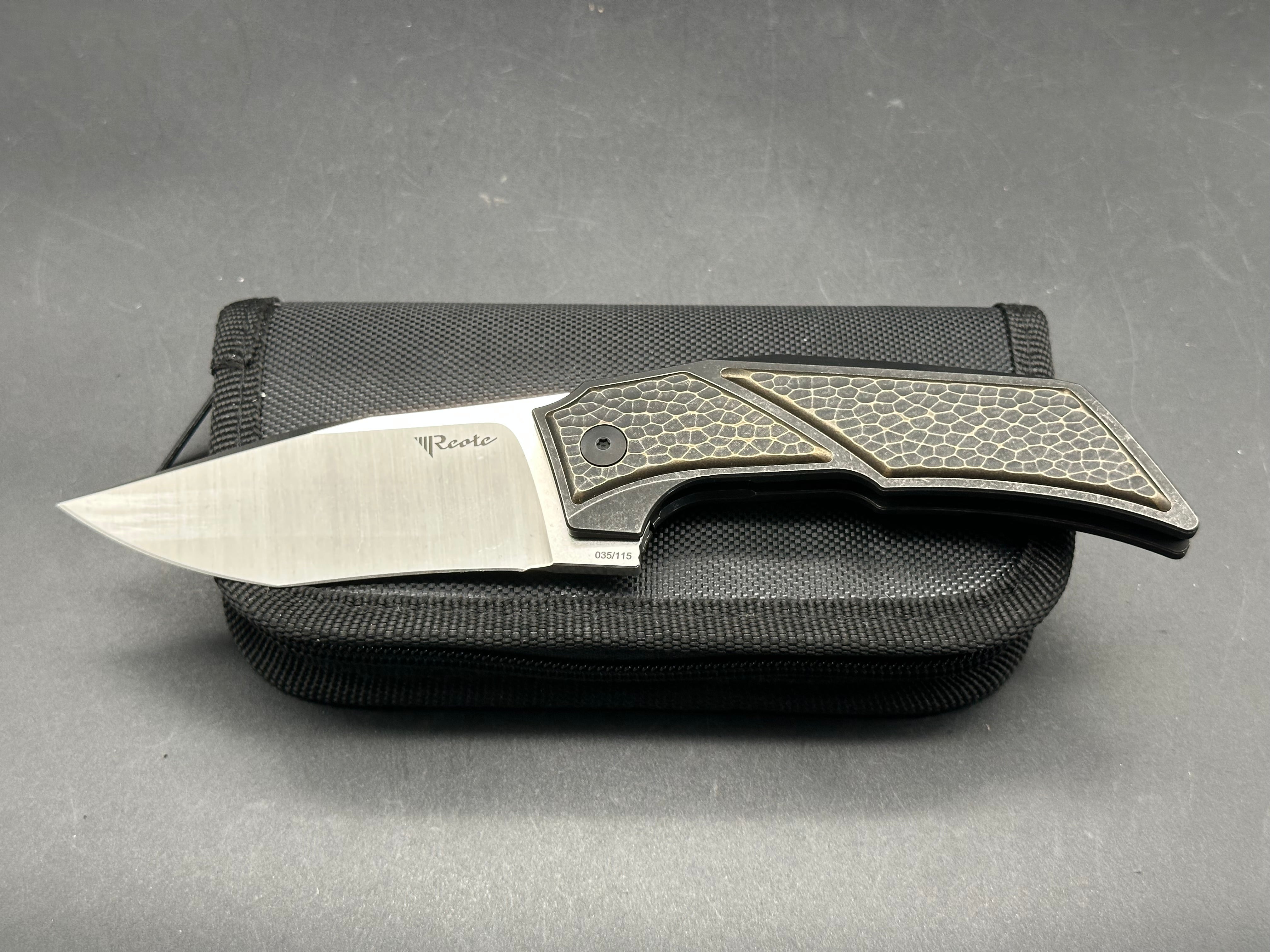Reate Tashi Bharucha T3500 Folding Knife - Bronze Titanium Frame with Textured Brass Inlays | EDC Pocket Knife for Outdoor, Camping & Everyday Carry