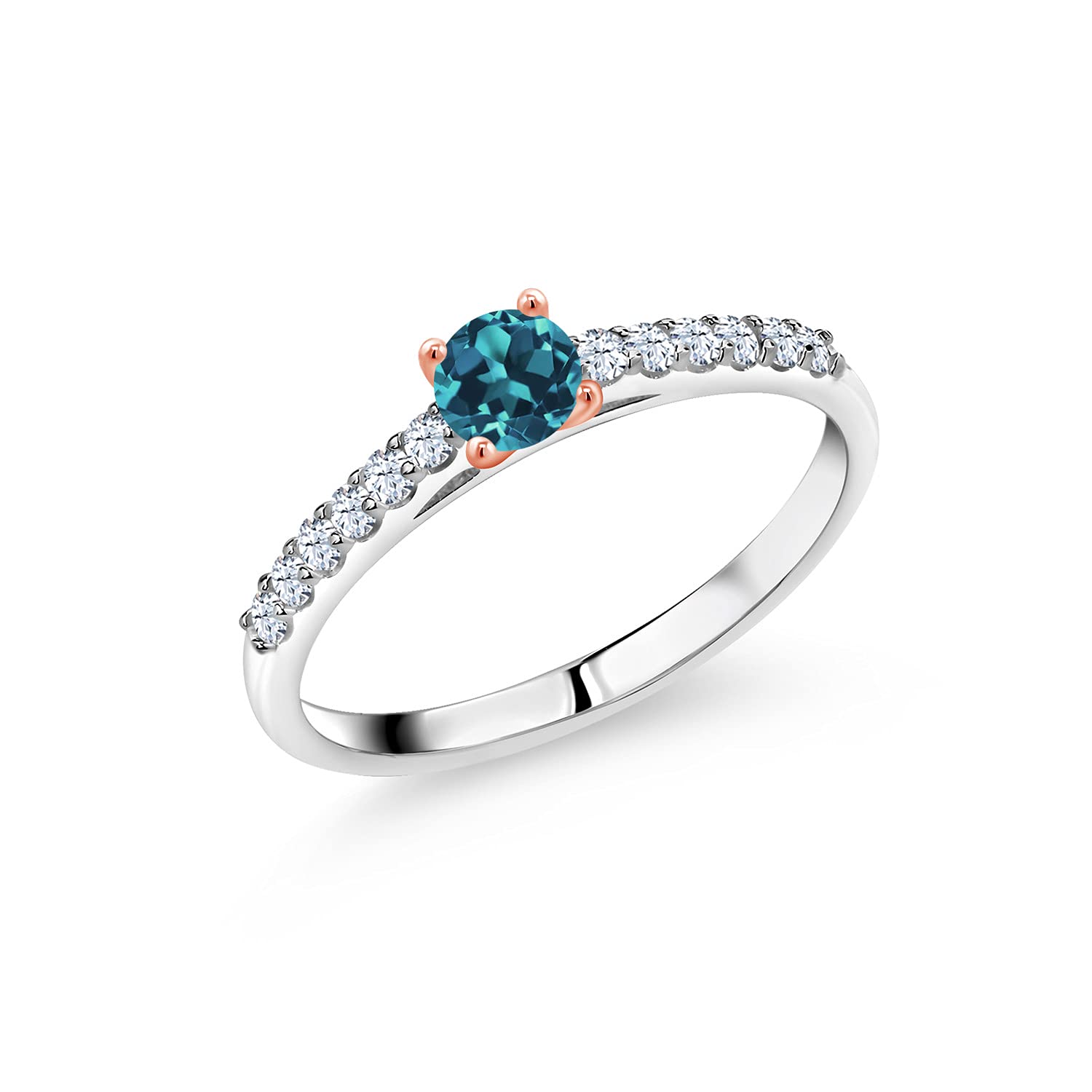 0.51 Ct London Blue Topaz & White Sapphire 10K White Gold Ring with Rose Gold Prongs - Elegant Gemstone Jewelry for Engagement, Anniversary & Special Occasions