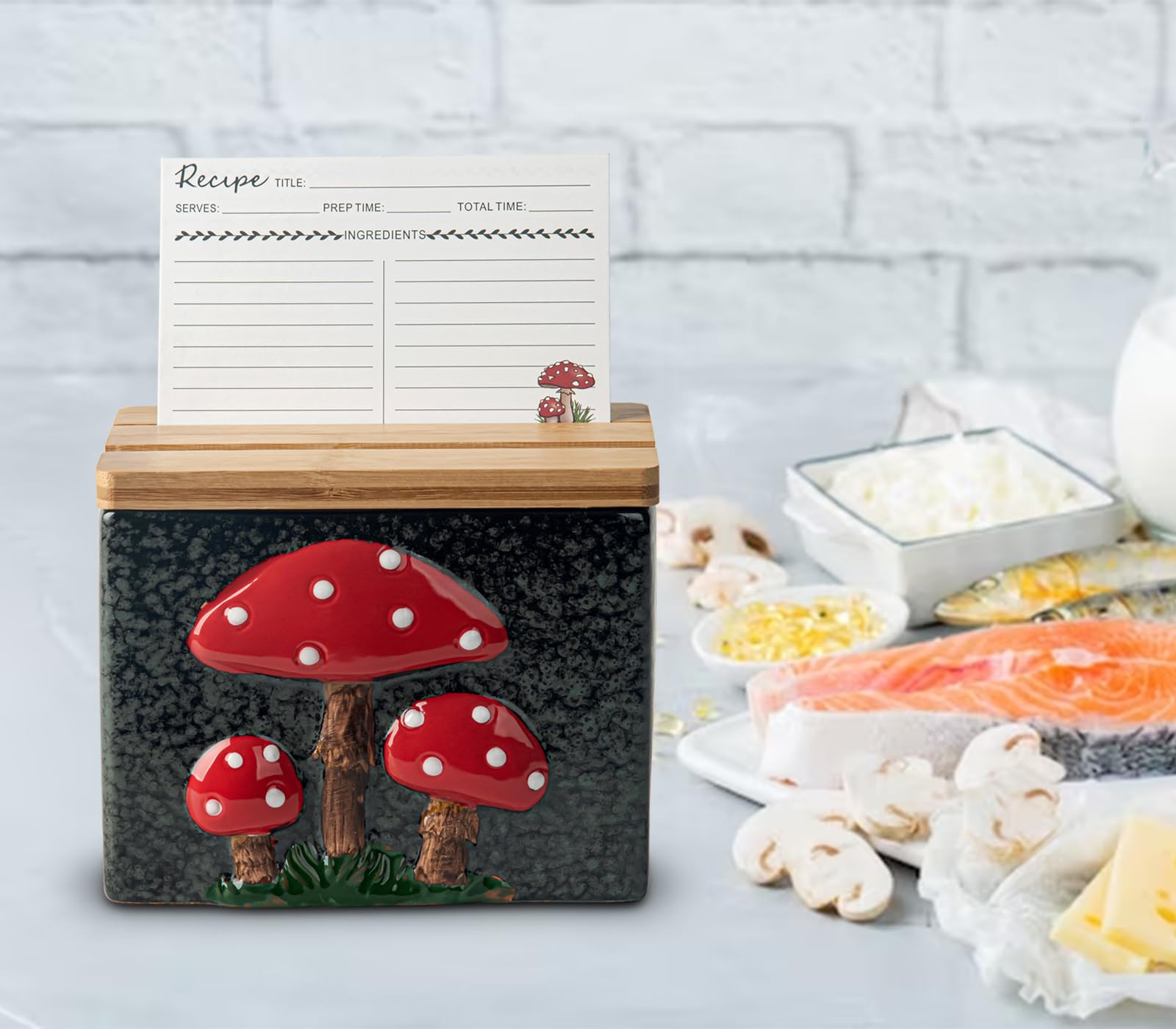 Ceramic Recipe Card Box with Bamboo Lid - Mushroom-Themed Recipe Organizer with Dividers & Recipe Cards - Perfect for Kitchen Storage, Meal Planning, and Gift Giving