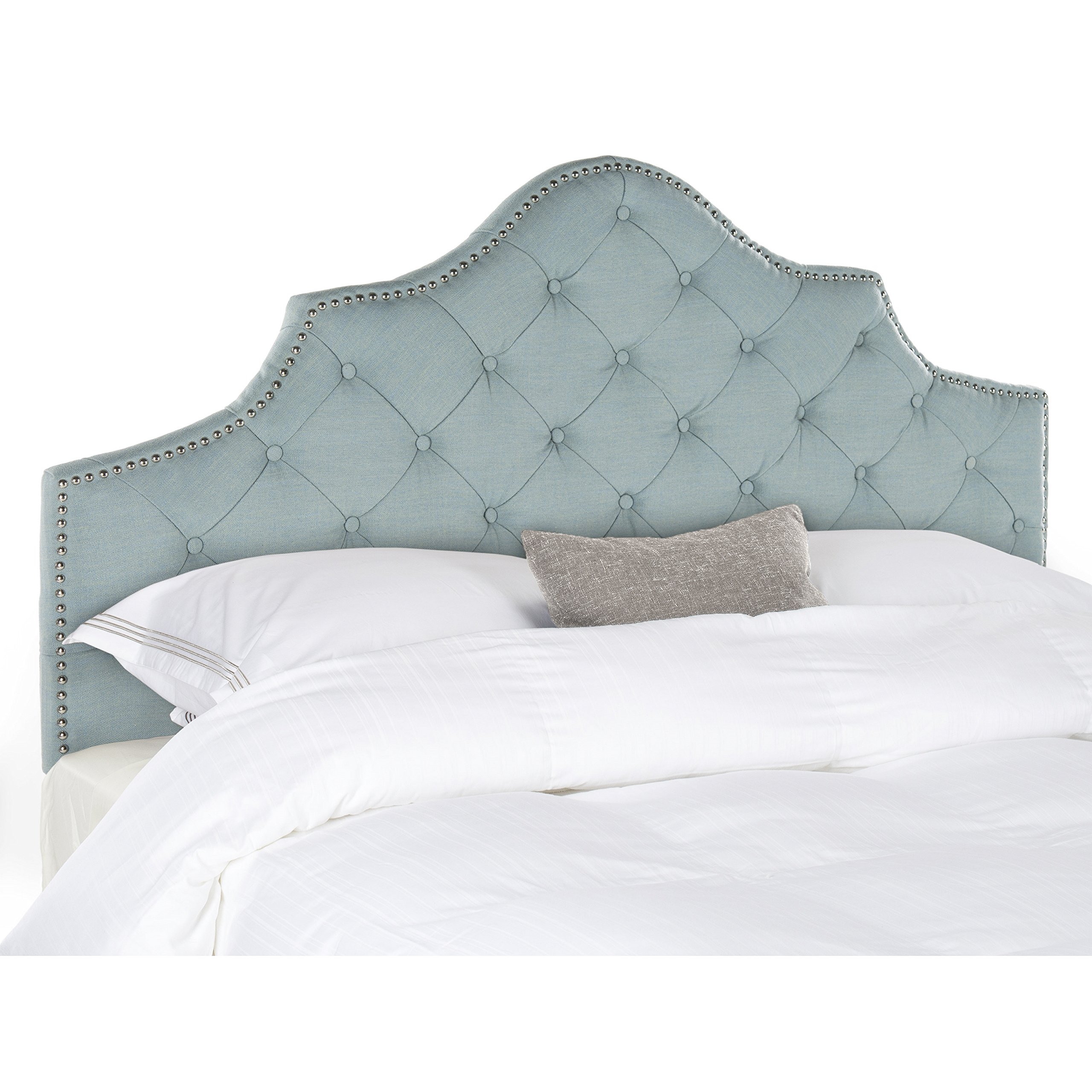 Safavieh Arebelle Sky Blue Upholstered Tufted Headboard with Silver Nailhead Trim - Queen Size Bed Frame for Modern Bedroom Decor