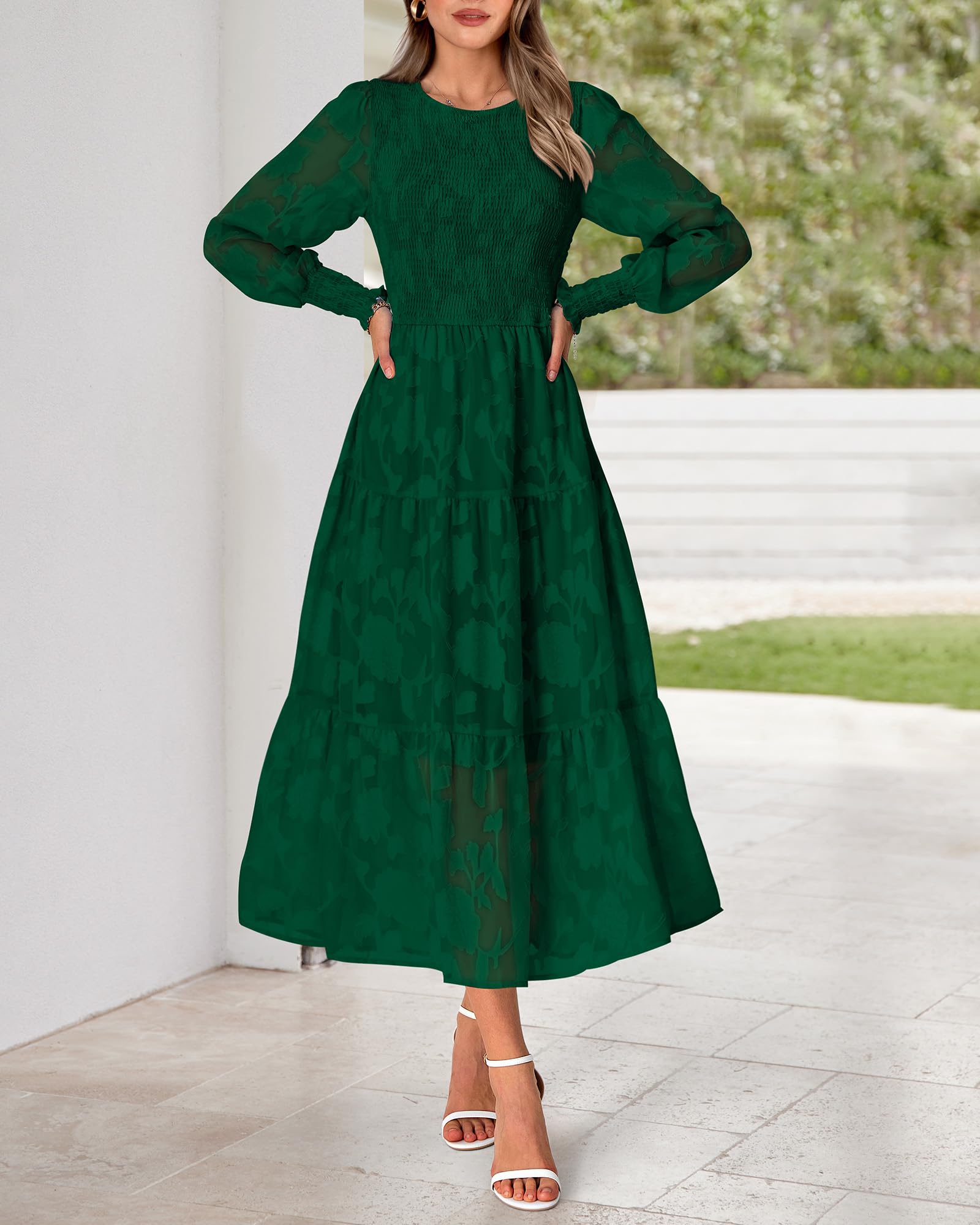 BTFBM Women's Elegant Floral Midi Dress - Long Sleeve Bohemian Wedding Guest Dress for Spring 2025 | Perfect for Garden Parties, Bridal Showers & Formal Events