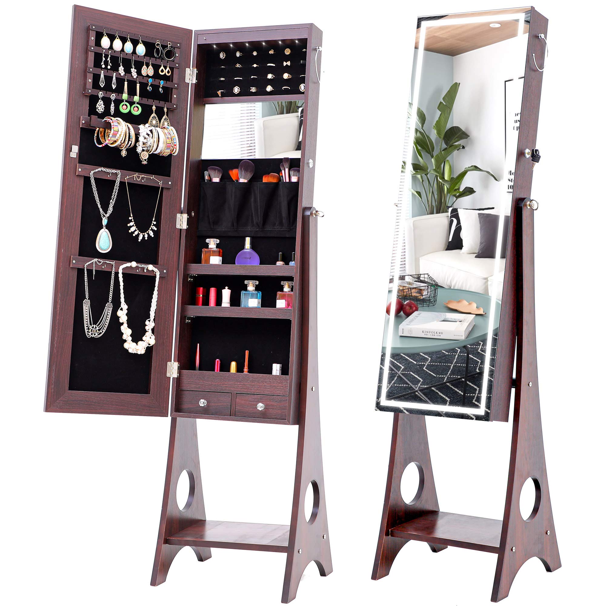 Elegant LED Jewelry Storage Mirror Cabinet - Bronze Finish for Bedroom & Living Room | Perfect for Organizing Necklaces, Rings & Earrings | Modern Vanity Decor with Soft Lighting