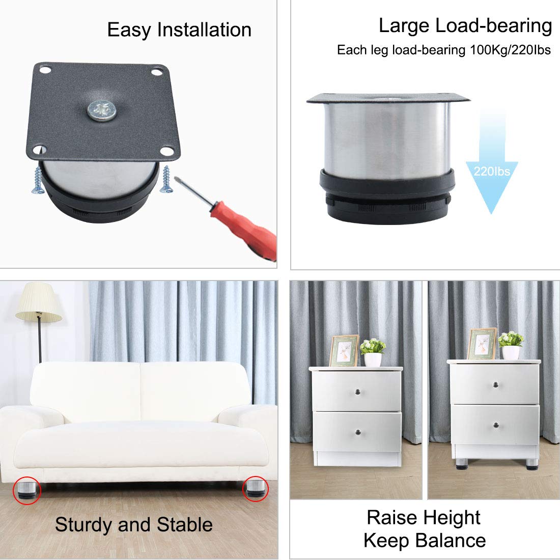uxcell 2 Inch Stainless Steel Adjustable Furniture Legs - Set of 4 for Sofa, Table, Cabinet, Wardrobe & Shelves | Heavy Duty Worktop Feet Replacement | Perfect for Home Office & Kitchen Counter Height Adjustment