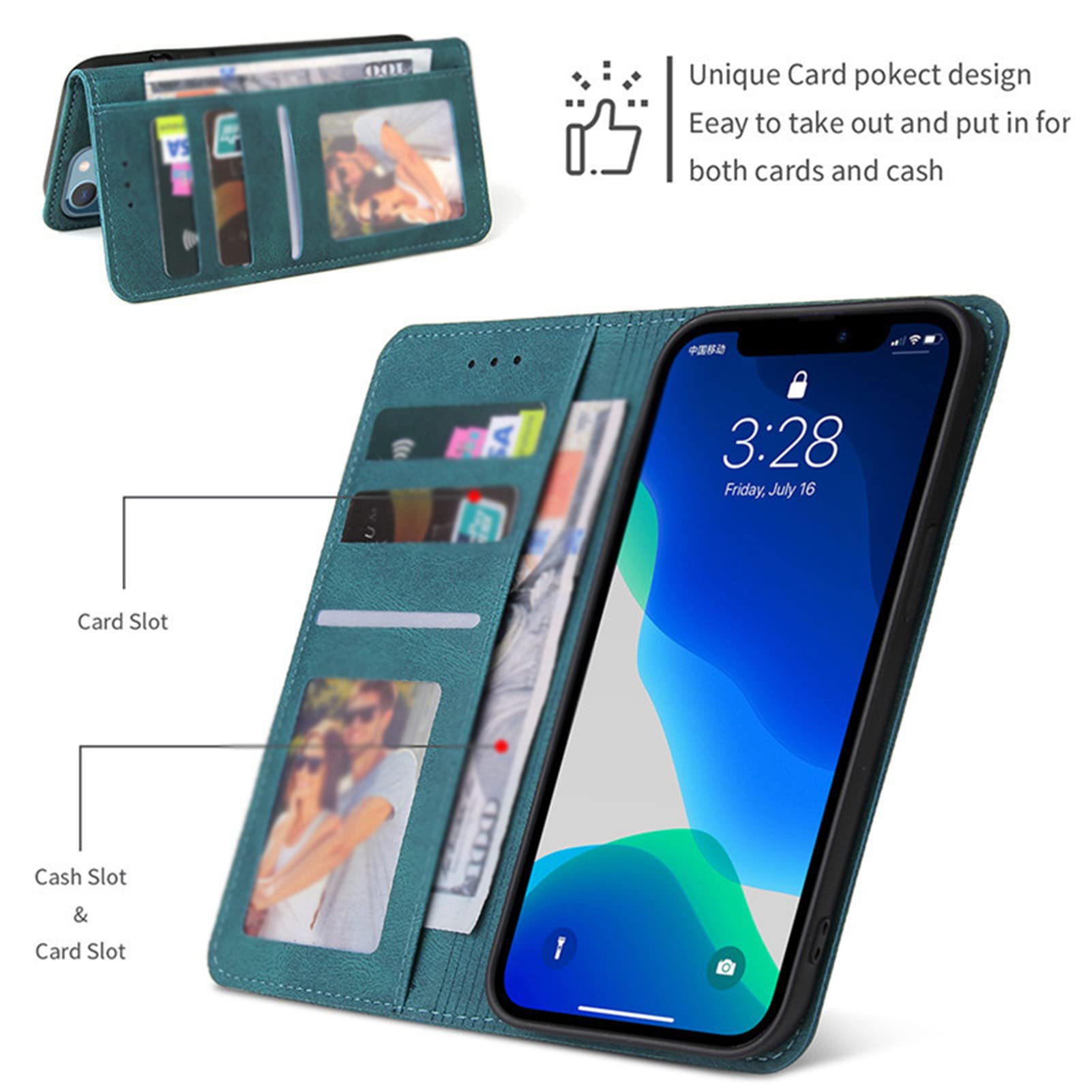 Magnetic PU Leather Wallet Case for iPhone 13 Pro Max - Shockproof Card Holder & Stand (Blue) for Daily Use