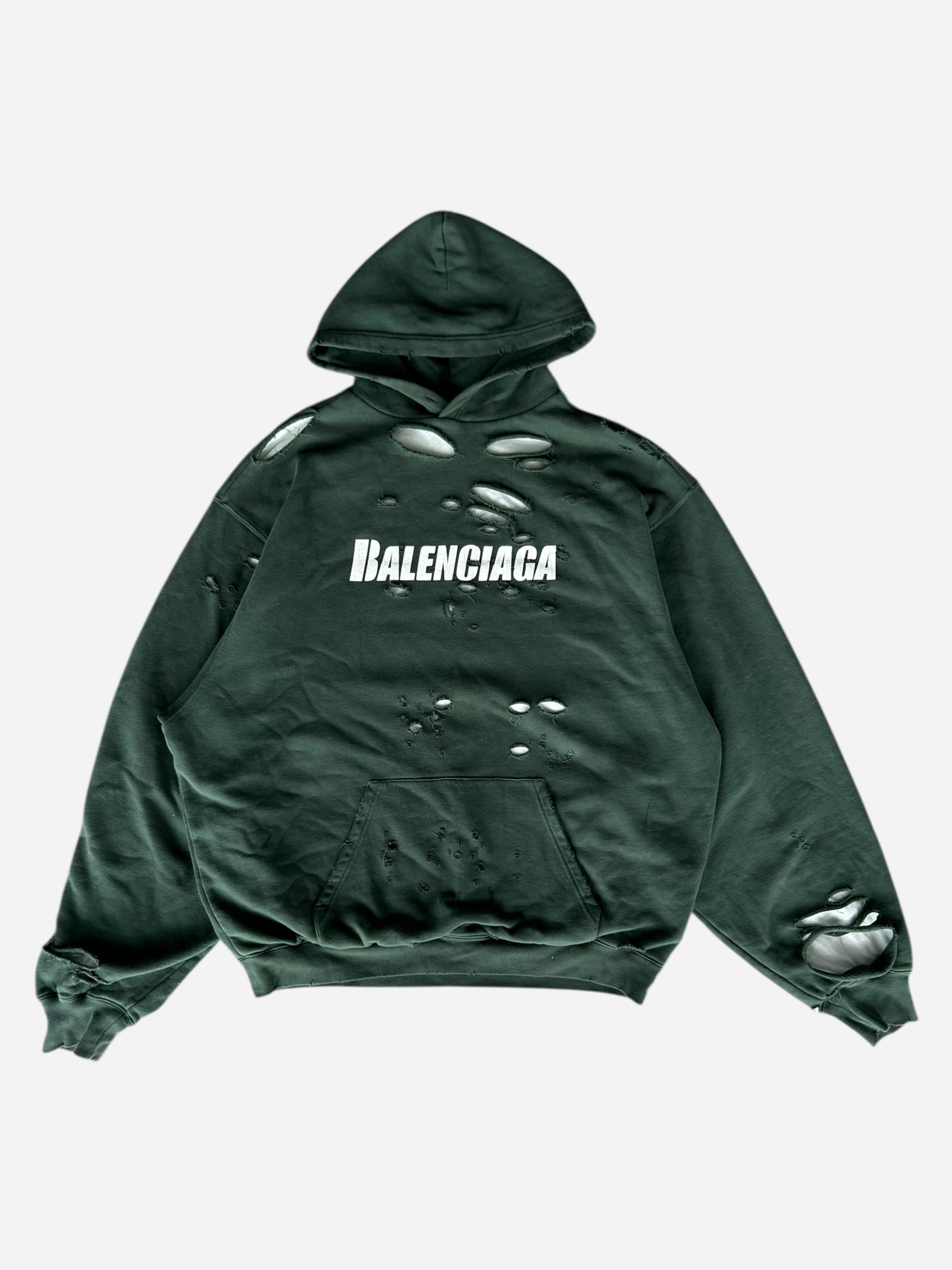 Balenciaga Green & White Logo Distressed Hoodie - Stylish Streetwear Pullover for Men & Women | Perfect for Casual Outfits, Urban Fashion & Everyday Wear