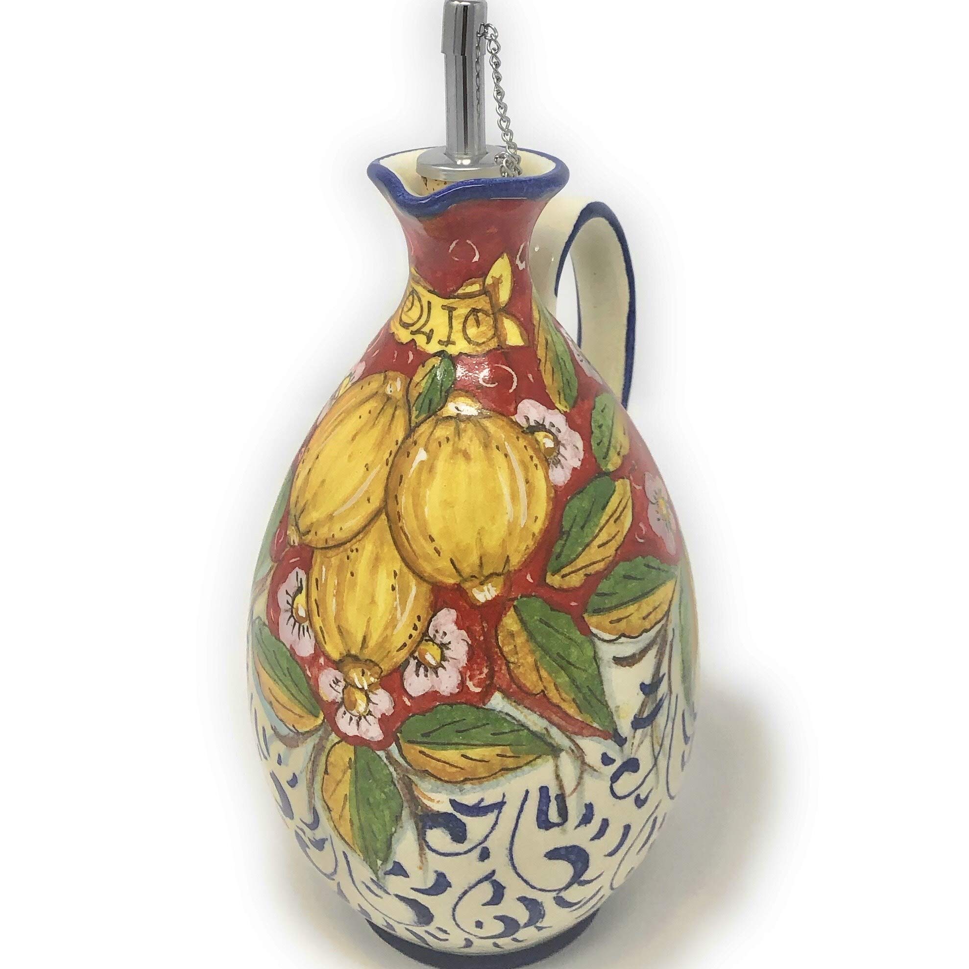 Italian Ceramic Oil Cruet Bottle - Hand Painted Tuscan Lemon Design - Artisan Pottery from Italy - Perfect for Kitchen Decor & Olive Oil Dispensing