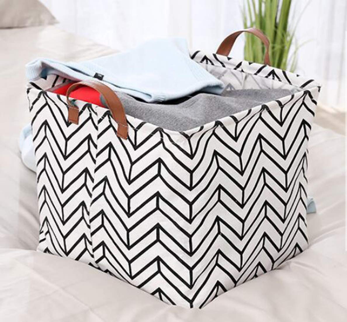 Square Canvas Toy Storage Bins with Handles - Collapsible Organizer for Nursery, Kids Toys & Laundry | Foldable Fabric Basket for Home Organization | Perfect for Playroom, Bedroom & Gift Giving (White Geometric Pattern)