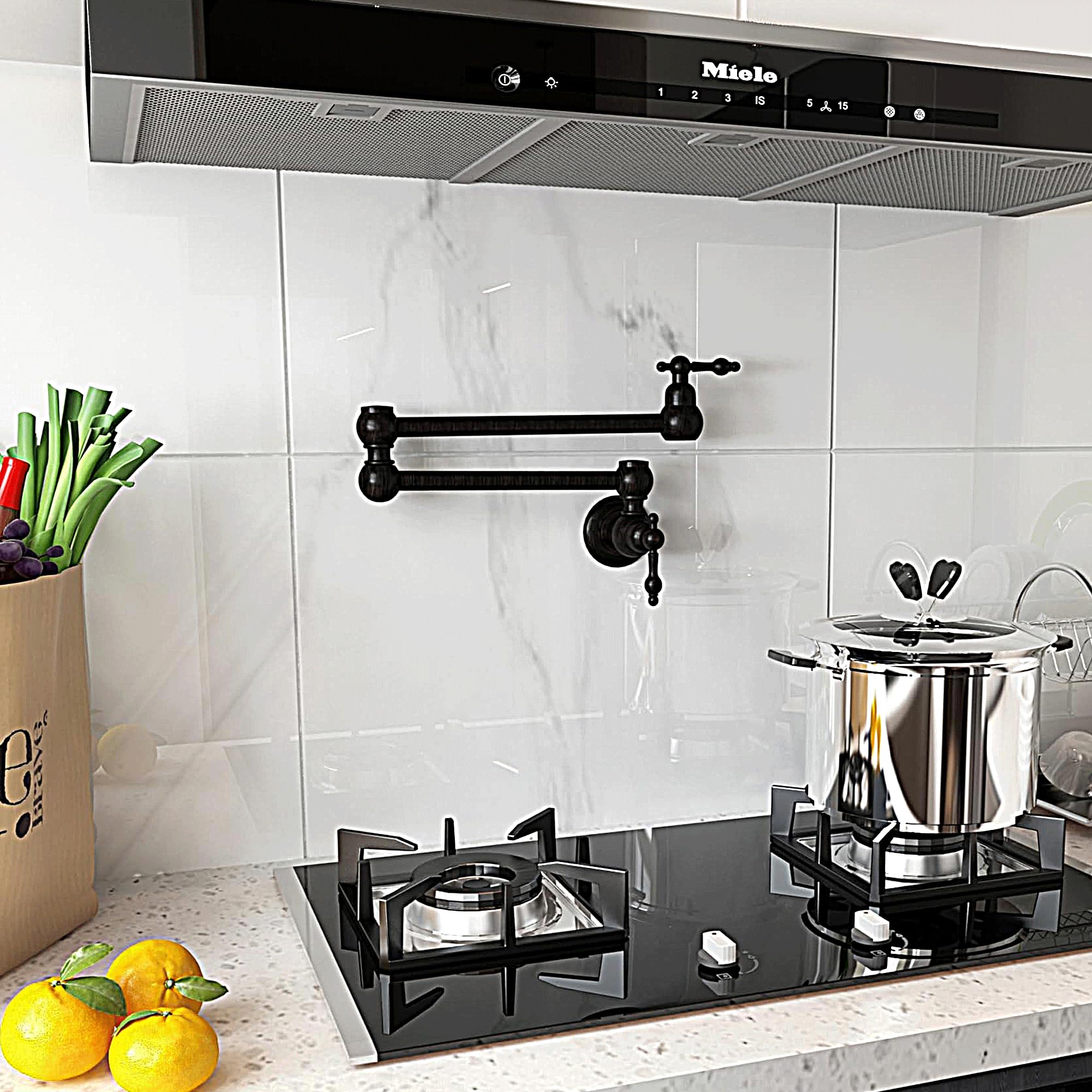 MONDAWE Matt Black Pot Filler Faucet - Brass Wall Mount Stove Faucet with Double Handle & 360° Rotation - 1.8 GPM Kitchen Sink Faucet for Pasta Cooking & Soup Making - Perfect for Modern Farmhouse & Commercial Kitchens