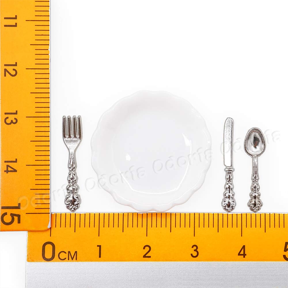 1/12 Scale Miniature Plates & Silverware Set - Knife Fork Spoon Dollhouse Accessories for 1:12 Scale Models (Silver) | Perfect for Dollhouse Dining Room, Miniature Displays & Model Train Scenes