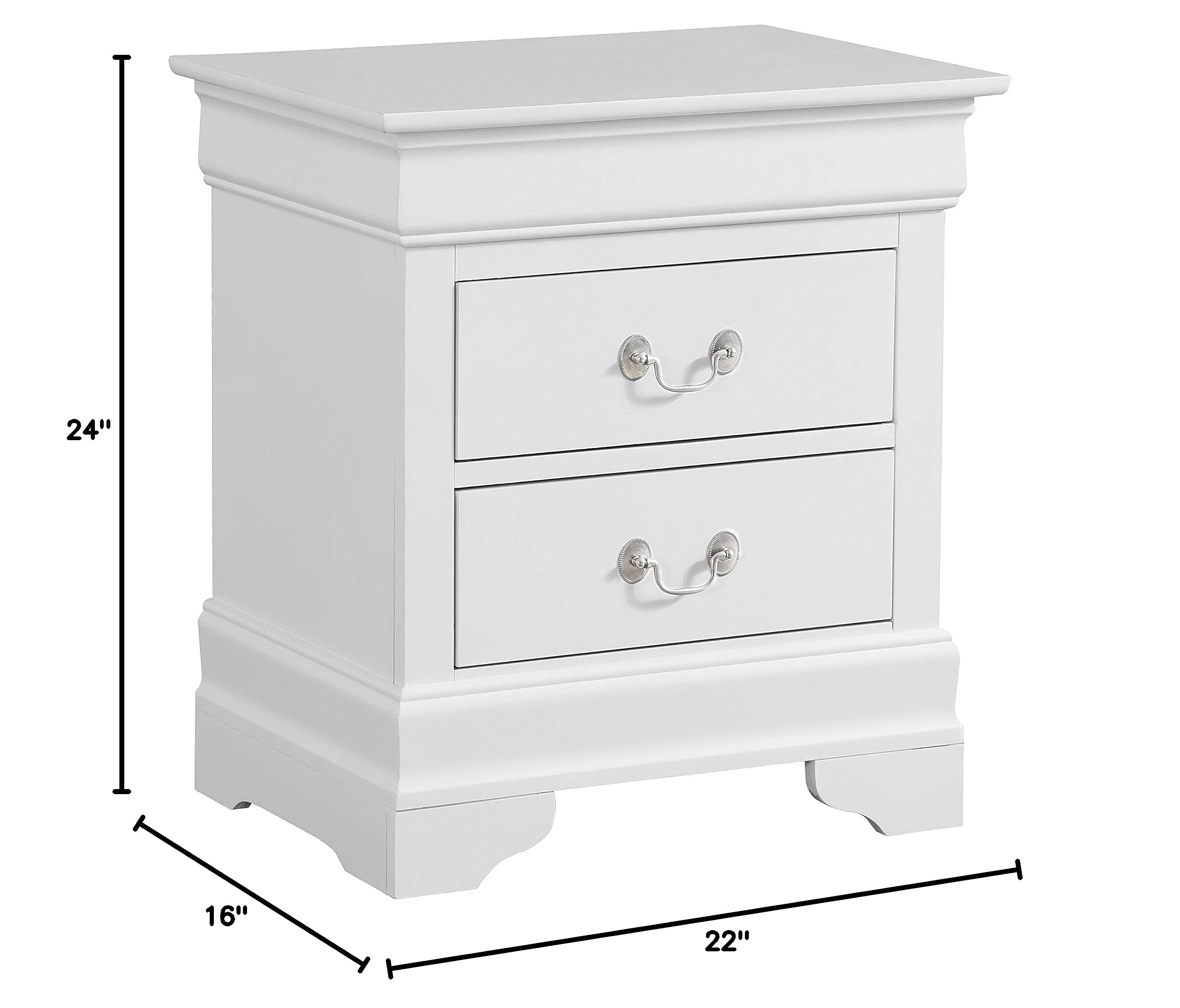 Glory Furniture Louis Phillipe White 2-Drawer Nightstand - Elegant Bedside Table for Bedroom Decor & Storage