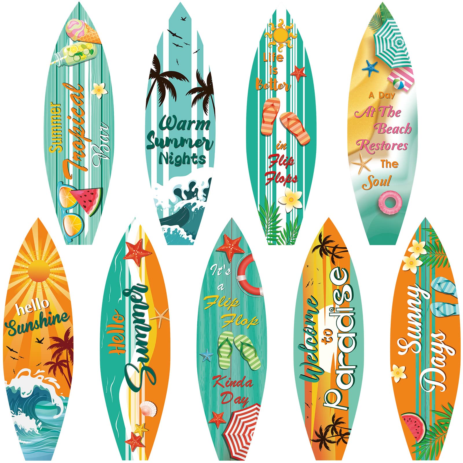 9 Pcs Surfboard Beach Signs Cutouts - Tropical Hawaii Party Decorations, Summer Luau Pool Party Supplies, Paper Wall Decor for Beach Bar & Welcome to Paradise Theme - Perfect for Backyard BBQ, Tiki Party & Vacation Vibes