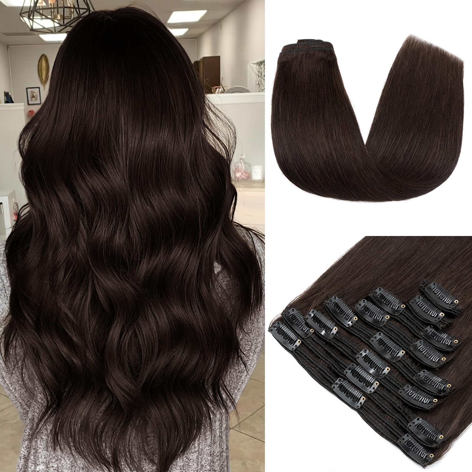 MY-LADY 14 Inch Double Weft Clip-in Human Hair Extensions - 8pcs Dark Brown (120g) 18 Clips Grade 7A Silky Straight #2 - Perfect for Volume, Length & Styling for Parties, Weddings & Daily Wear