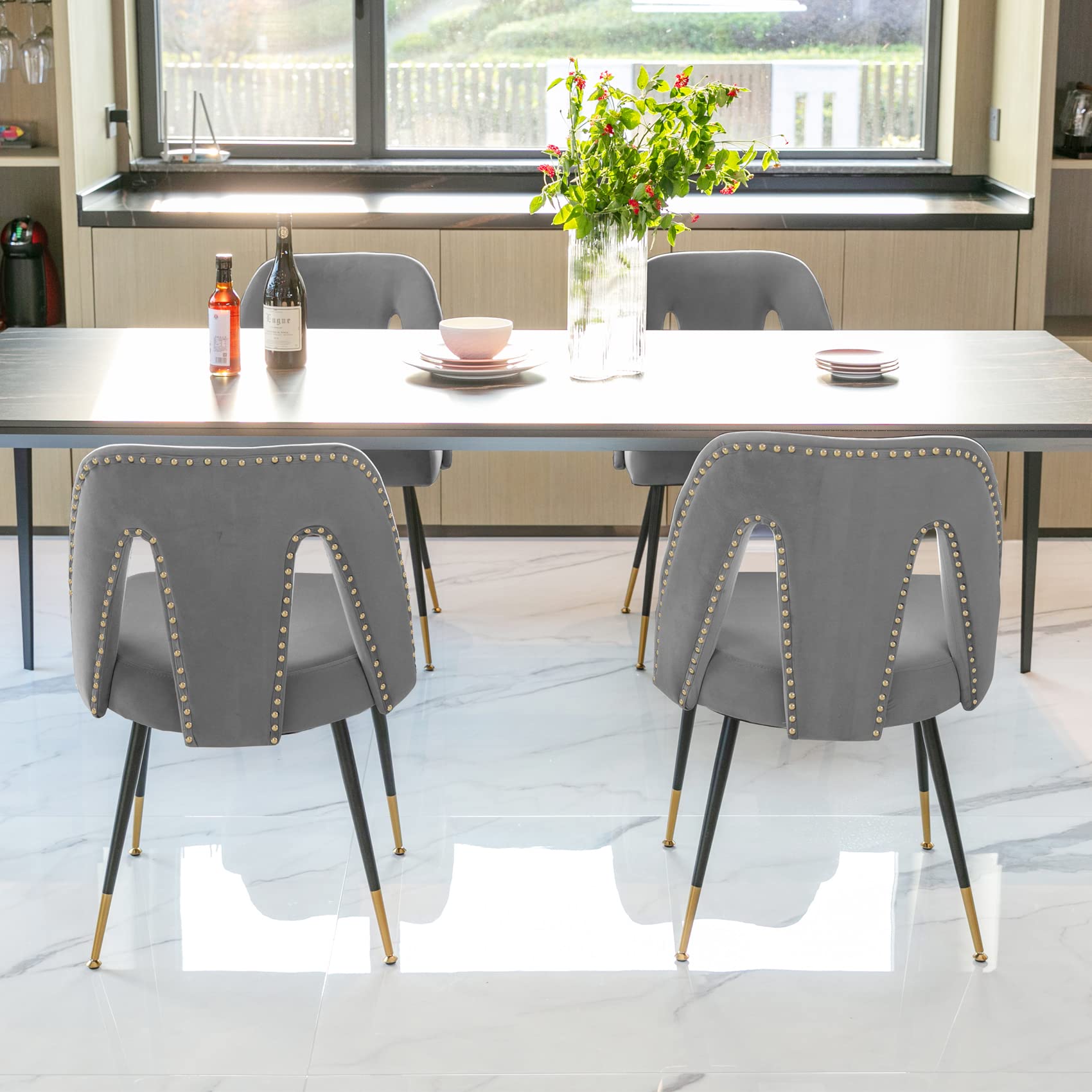 Aoowow Modern Velvet Dining Chairs Set of 2 - Upholstered Side Chairs with Nailhead Trim & Gold-Tipped Black Metal Legs (Grey) - Perfect for Kitchen, Dining Room, and Home Office Decor