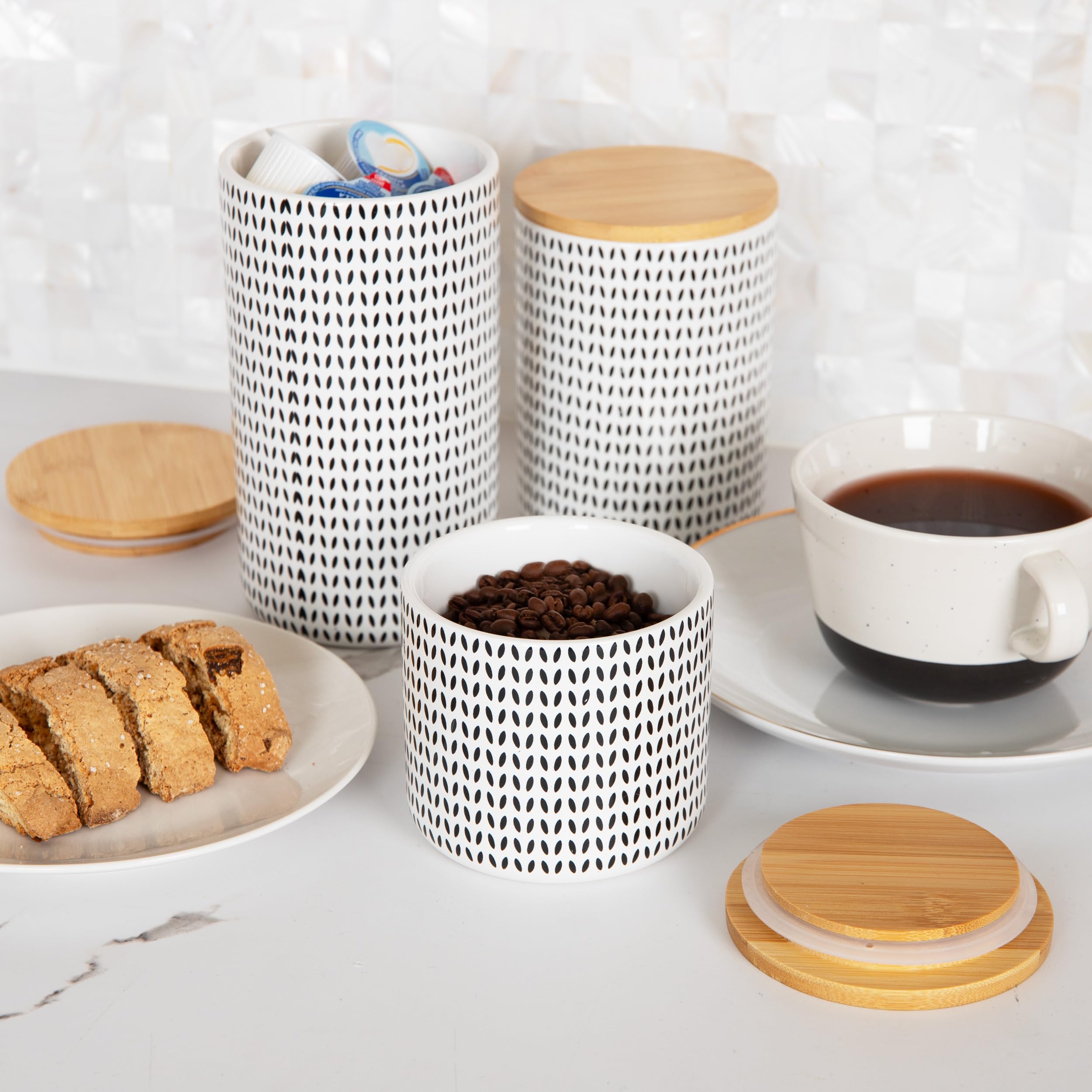 Mind Reader 3-Piece Ceramic Canister Set for Sugar, Coffee & Kitchen Storage with Lids (4
